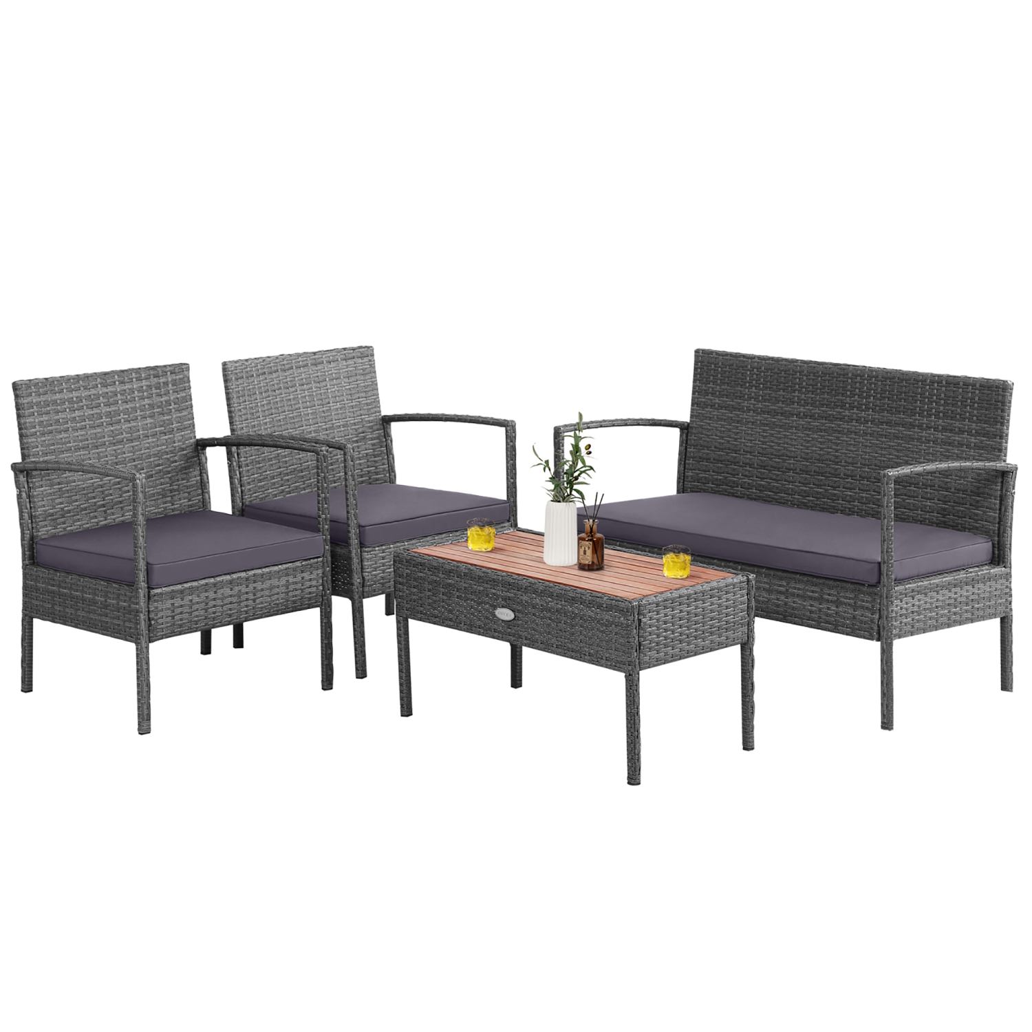 Costway 8PCS Patio Rattan Furniture Set Cushioned Chair Wooden Tabletop Gray