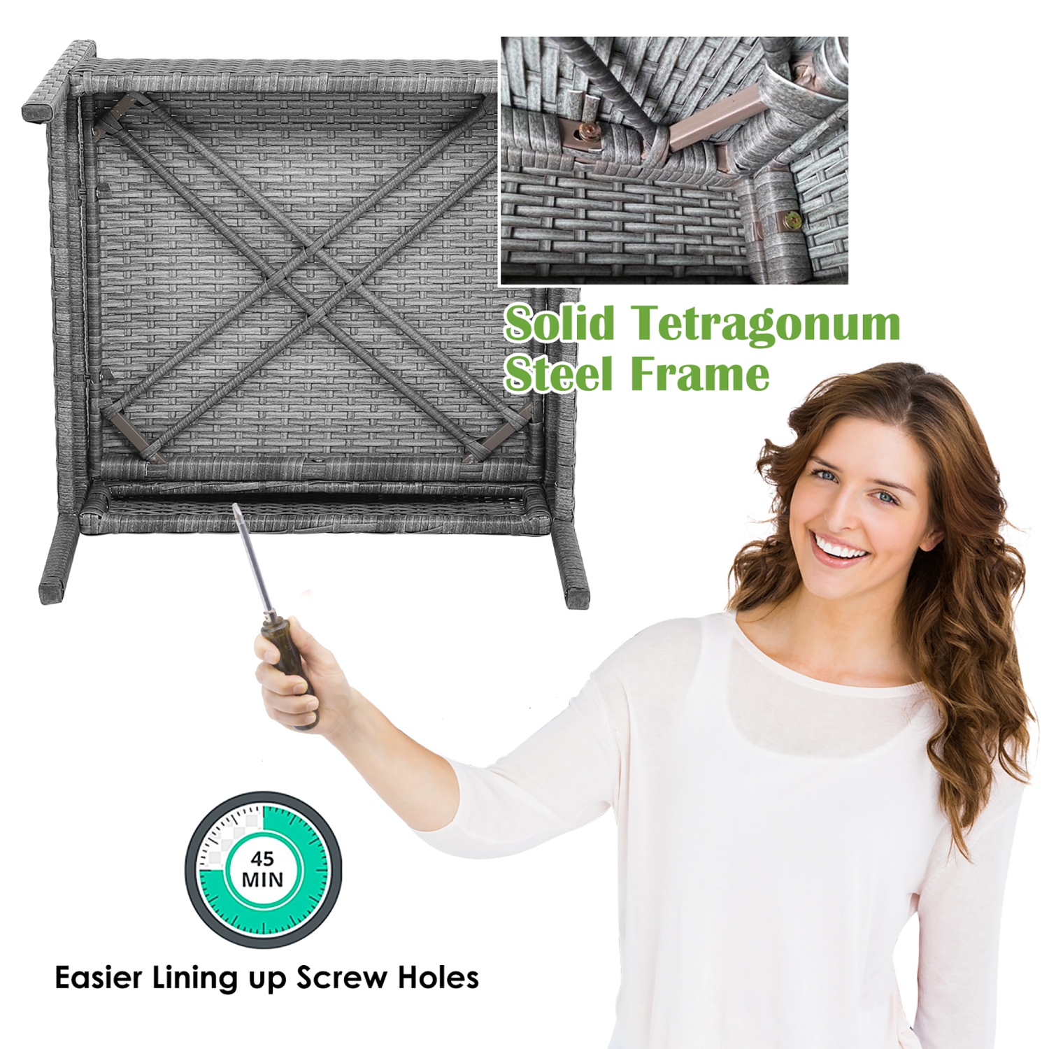 Costway 8PCS Patio Rattan Furniture Set Cushioned Chair Wooden Tabletop Gray