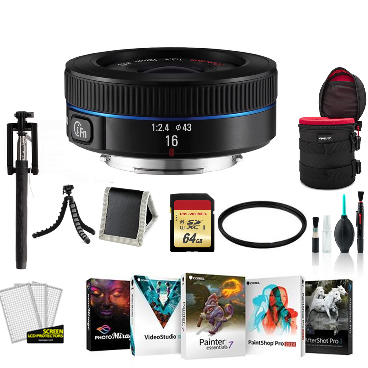 Samsung 16mm F/2.4 Wide Lens for Samsung NX Cameras - Kit with 64GB Memory Card