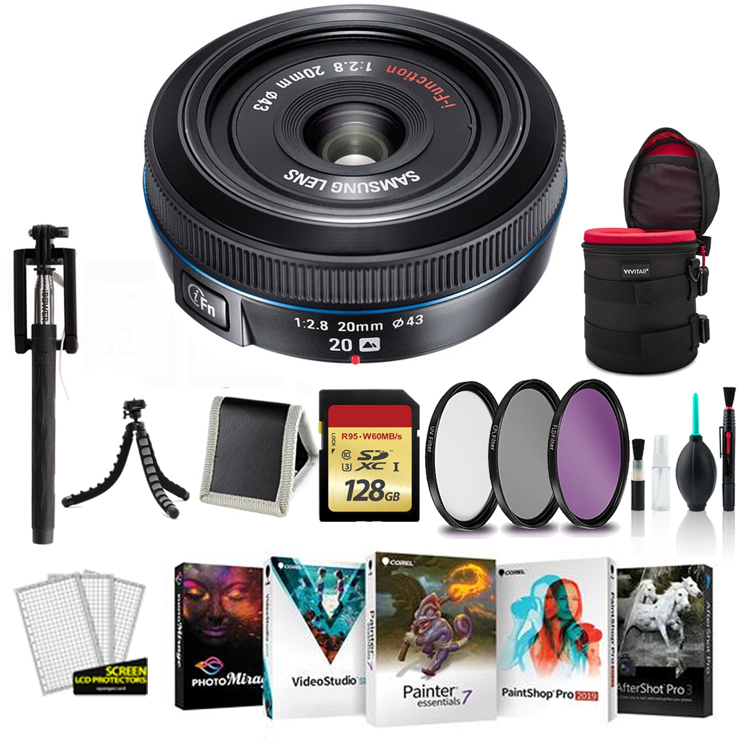 SAMSUNG 20MM F.8 PANCAKE LENS F/ NX Black - Kit with 128GB Memory Card