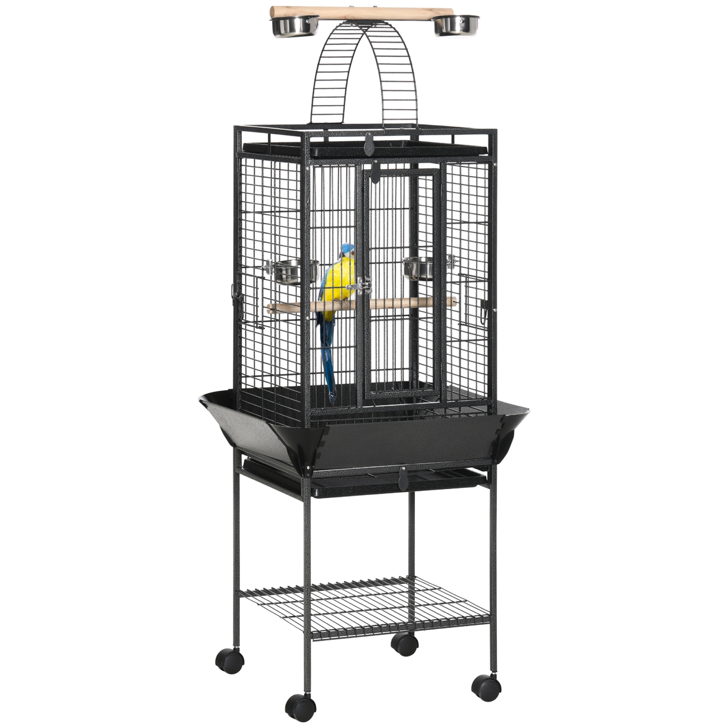 PawHut 61.5 Inch Bird Cage Parakeet House for Cockatiel with Stand, Pull Out Tray, Play Top, Storage Shelf, Wood Perch, Food Container, Black