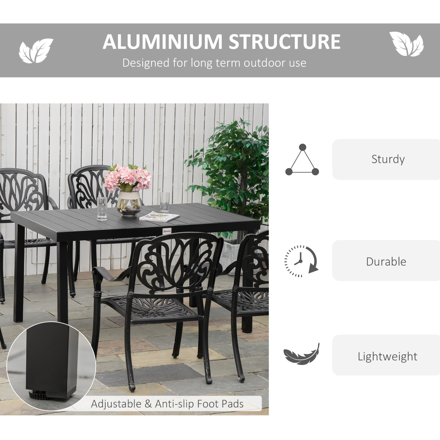 Outsunny – Table de jardin rectangulaire en aluminium pour 6 personnes, 55 larg. X 35.5 larg. X 29.25 haut. pour jardin, noir