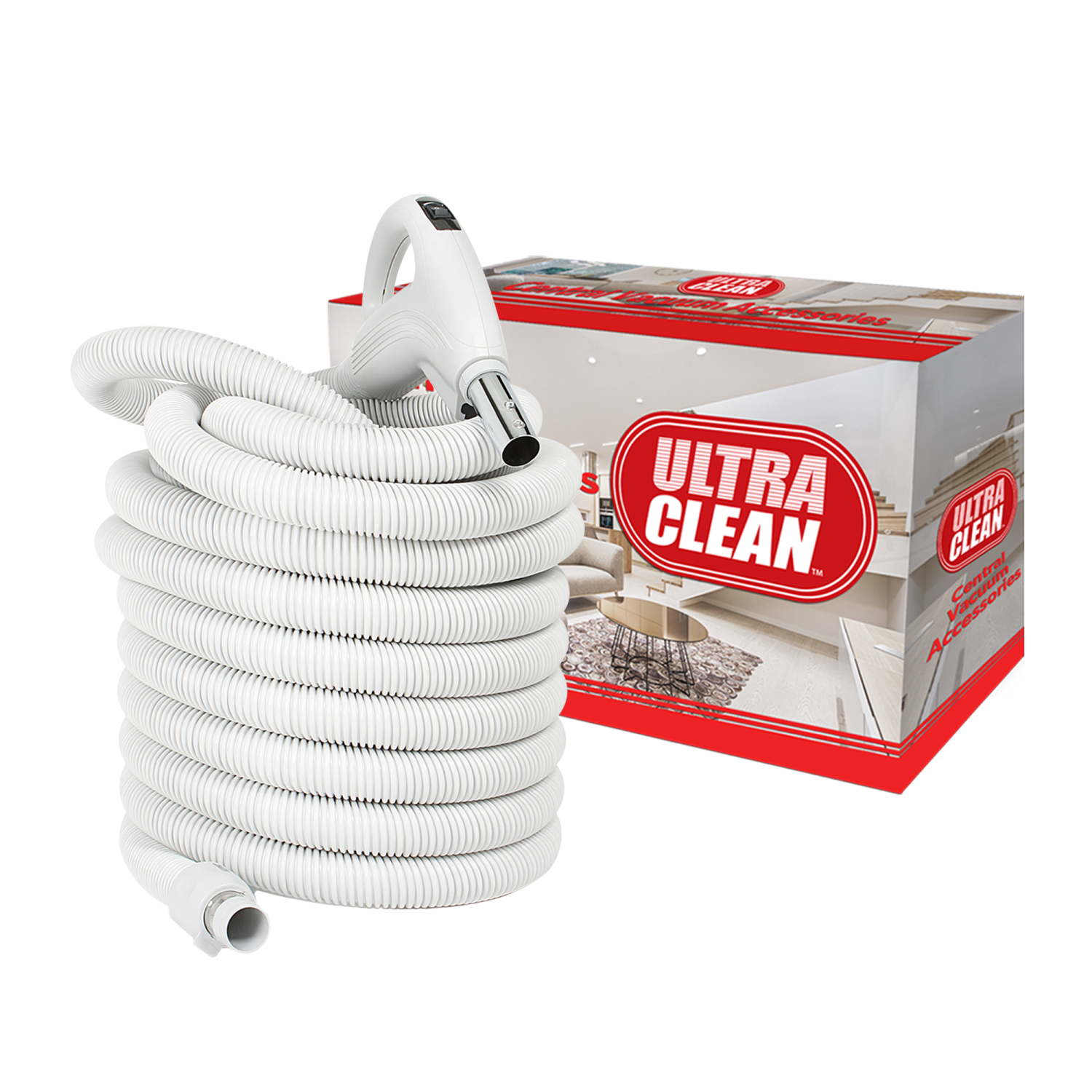 ULTRA CLEAN Central Vacuum Electric Attachment Kit -Dual Voltage 24V/110V Hose with 3-Way On/Off Switch Handle -Electric Power Nozzle –Set of Chromed