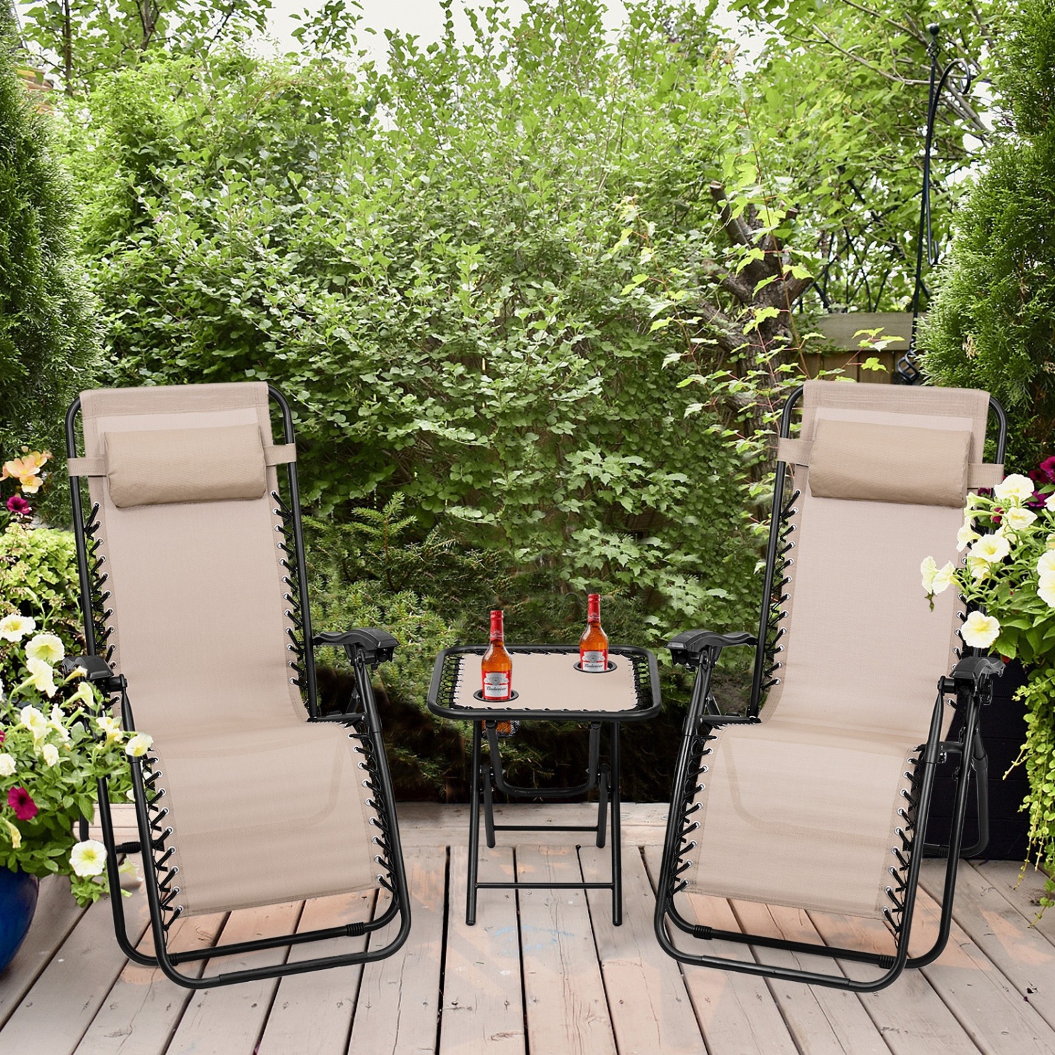 3 Pieces Folding Portable Zero Gravity Reclining Lounge Chairs Table Set