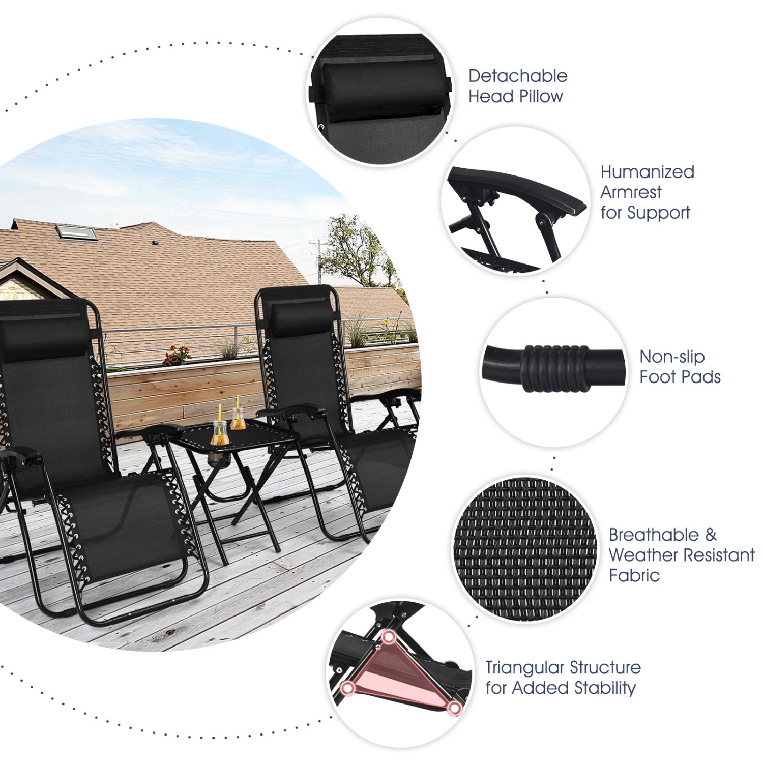 3 Pieces Folding Portable Zero Gravity Reclining Lounge Chairs Table Set