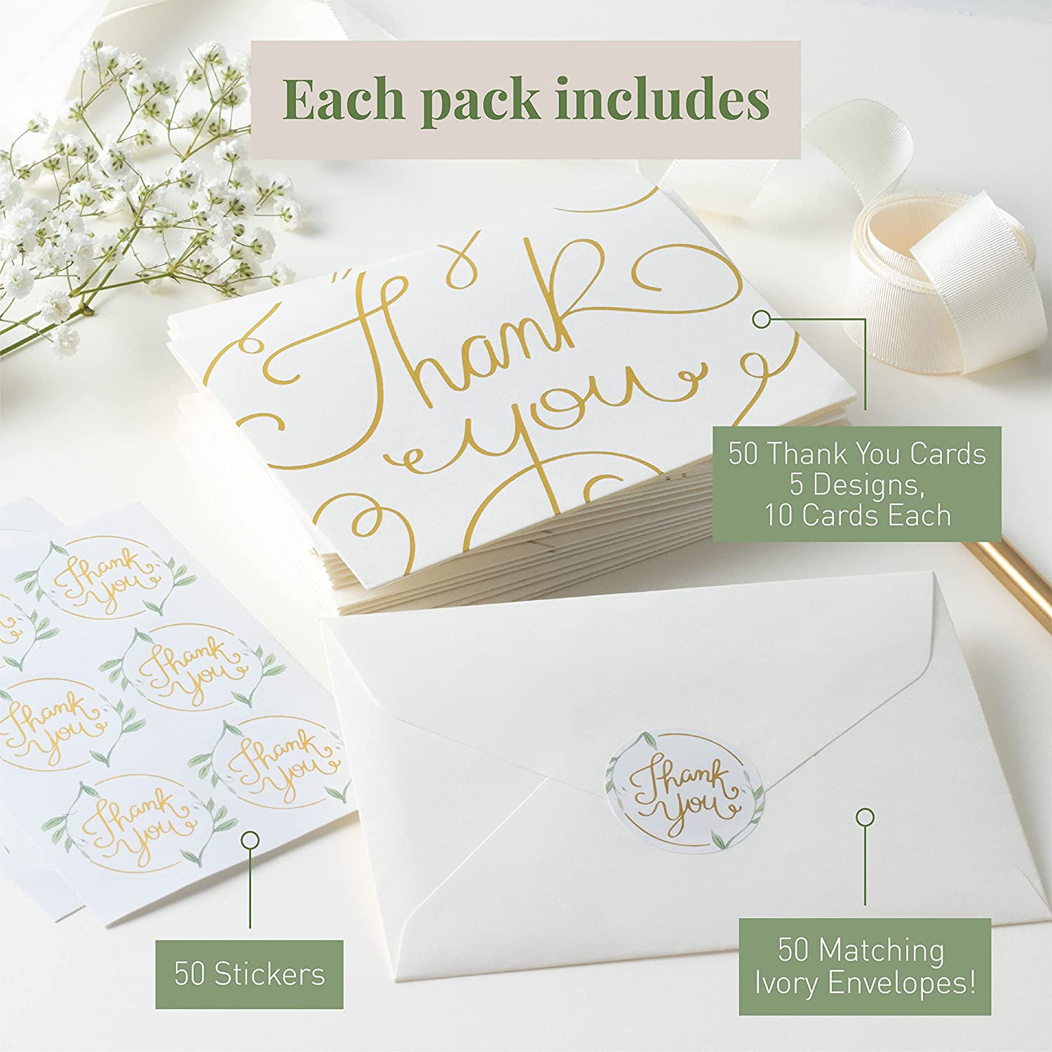 Rileys & Co Thank You Wedding Cards with Envelopes & Stickers, 100 Bulk Pack, Silver Foil, Mr and Mrs Thank You Notes Bulk Cards, | Thank You From