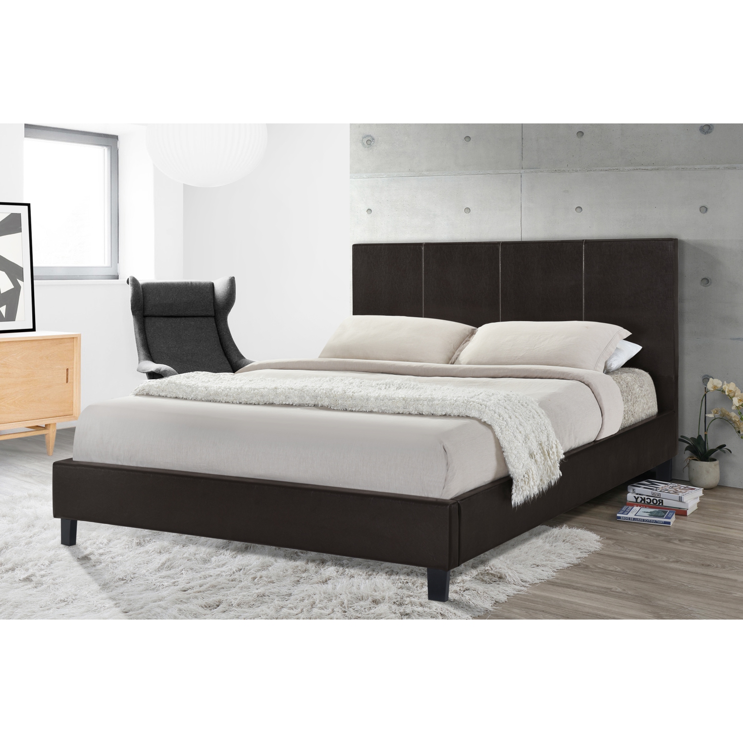 Espresso Uptown PU Upholstered KING Size Platform Bed (No Box Spring Required)
