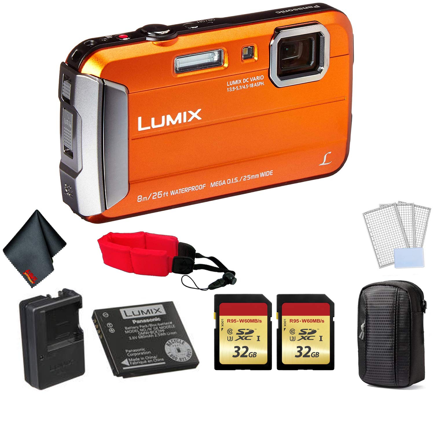 Panasonic Lumix DMC-TS30 Waterproof Digital Camera (Orange) - Bundle with 32GB Memory Card + Floating Wrist Strap + LCD