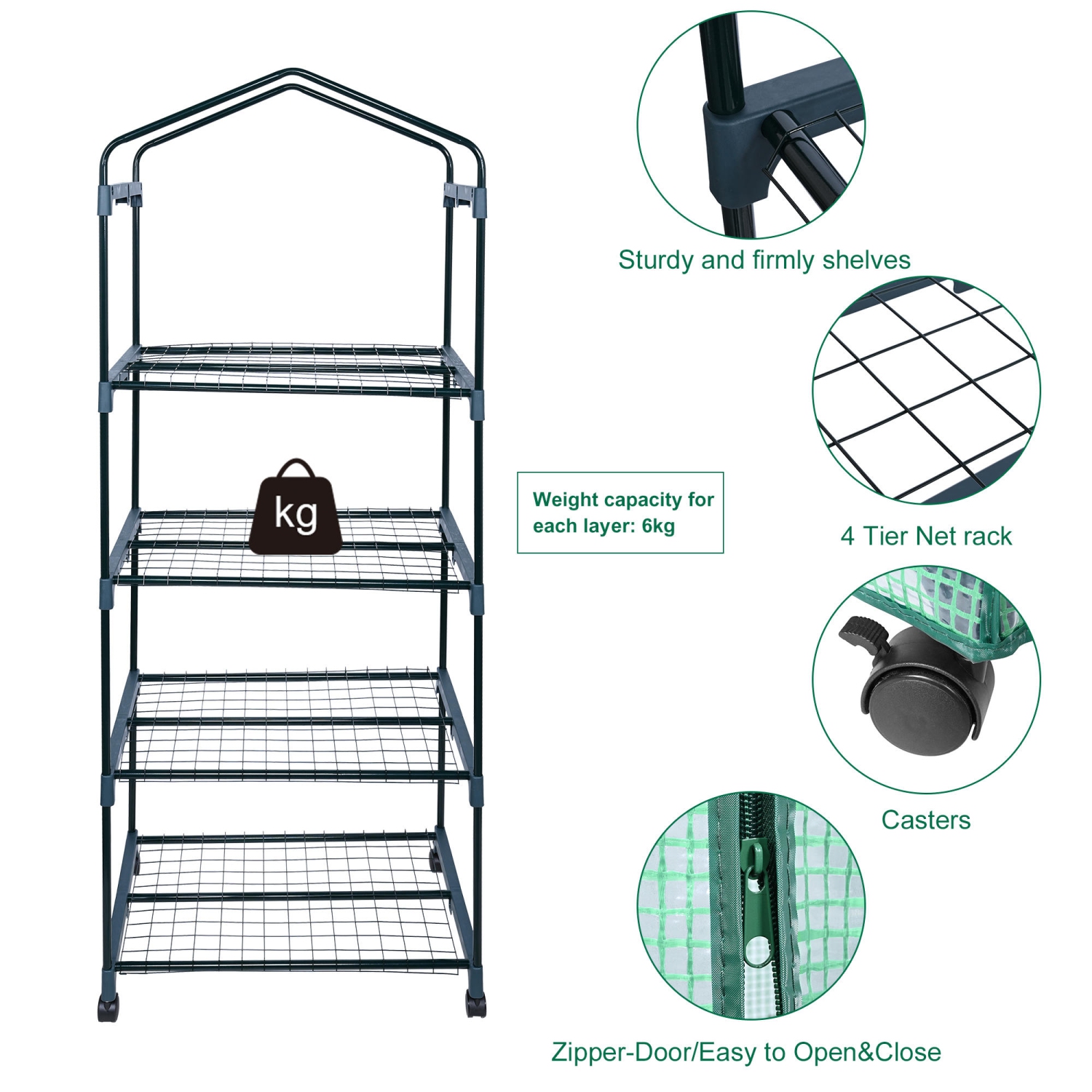 4 Tier Greenhouse Shelves with PE Cover and Wheels , 28 x 19 x 65 in Garden Green House for Outdoor Indoor Germination Seeding