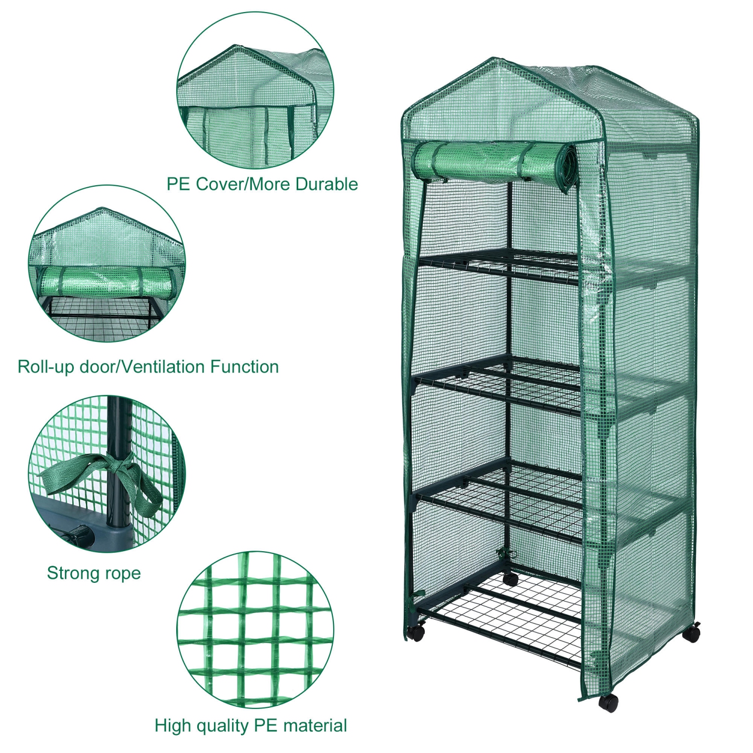 4 Tier Greenhouse Shelves with PE Cover and Wheels , 28 x 19 x 65 in Garden Green House for Outdoor Indoor Germination Seeding