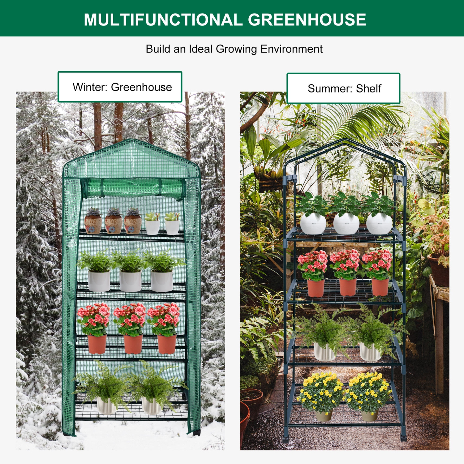 4 Tier Greenhouse Shelves with PE Cover and Wheels , 28 x 19 x 65 in Garden Green House for Outdoor Indoor Germination Seeding