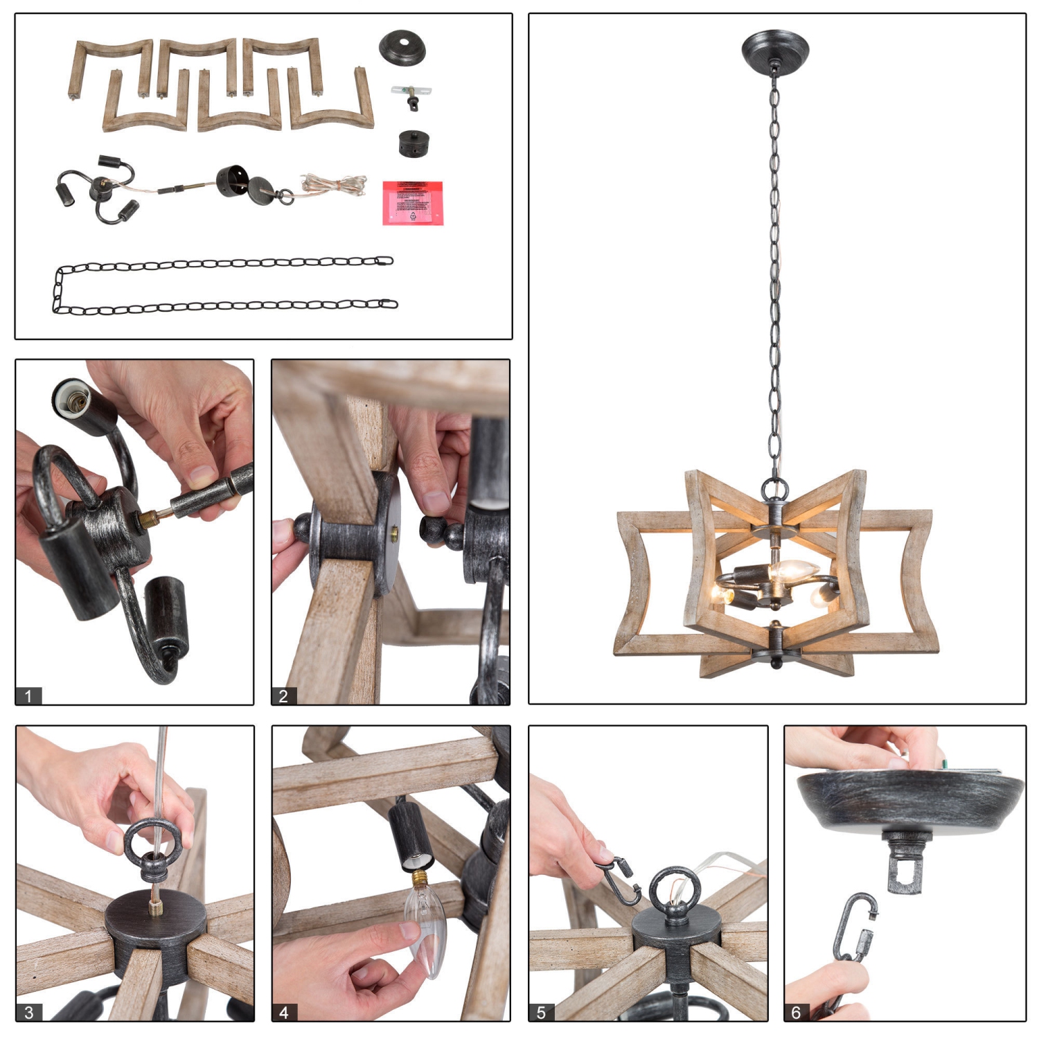 Lustre champêtre à 3 lampes unique en bouleau