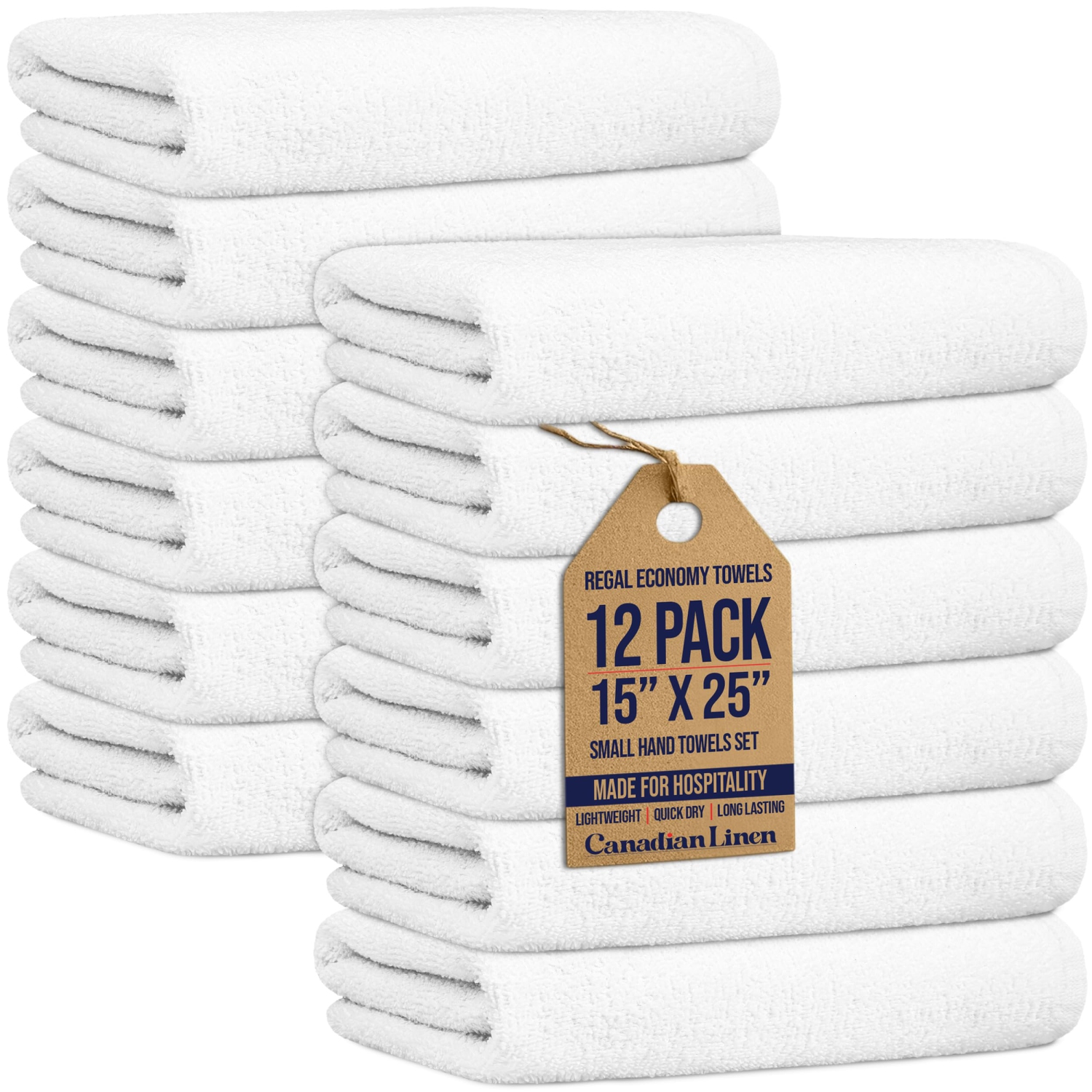 Canadian Linen Regal Economy Hand Towels,15”x25”, 12 Pack, Soft Absorbent Lightweight Quick Dry Cotton Towels for Sports Nursing Hospital Motel, White