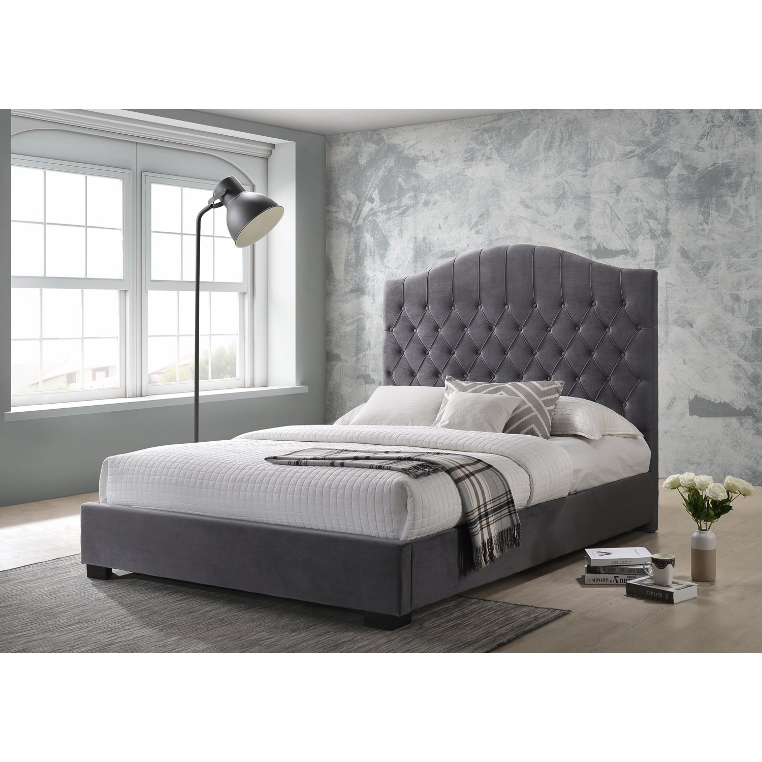 Grey Velvet Contemporary Button Tufted King Size Platform Bed