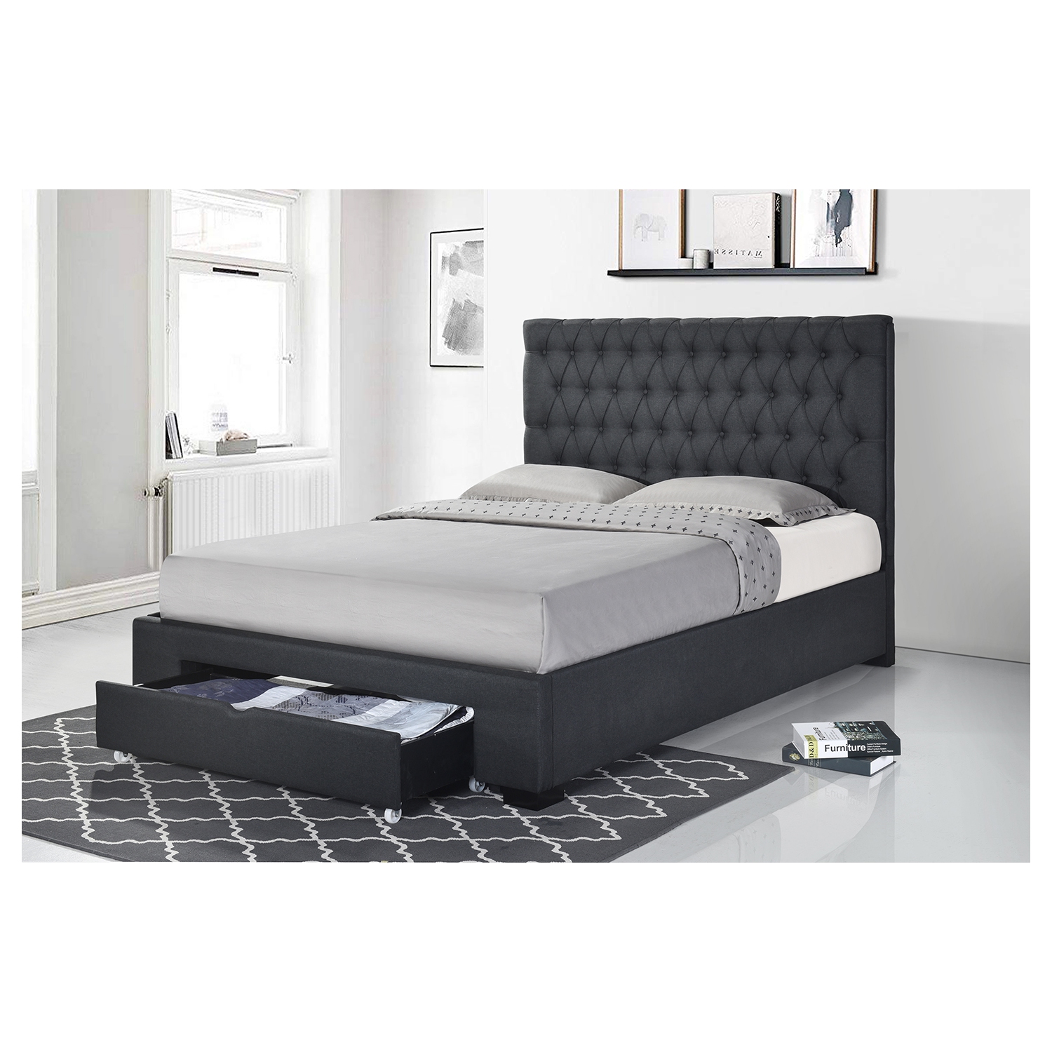 Charcoal Fabric Sofia Button Tufted Upholstered KING Size Platform Bed - Free shipping in Ontario