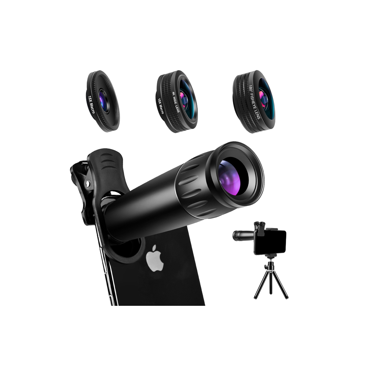 navor 4 in 1 Phone Camera Lens Kit, 15X Telephoto Lens, 15X Macro Lens, 120° Wide Angle Lens, 180° Fisheye Lens, Photography Kit Compatible with iPhone Samsung Huawei