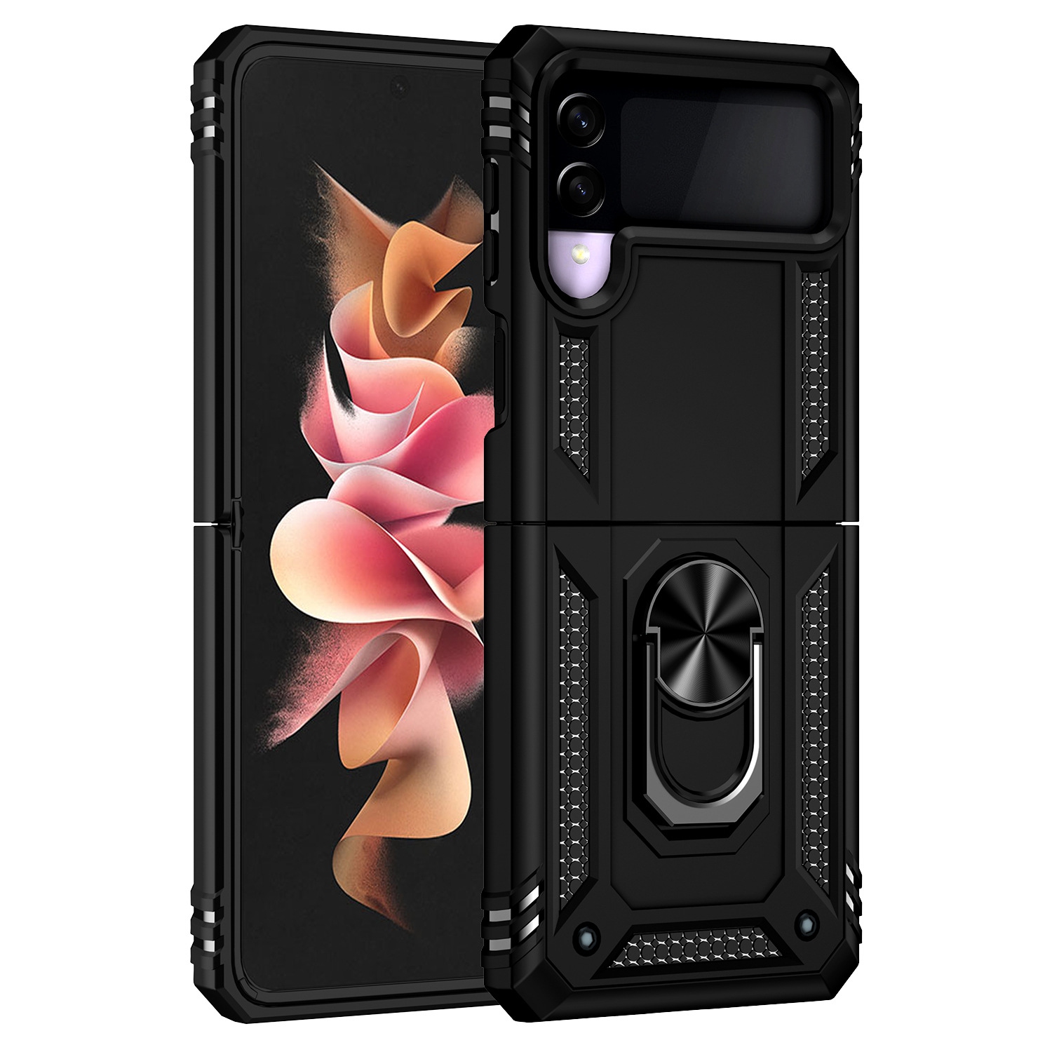 TopSave Coque Hybride Robuste PC+TPU avec Anneau Rotatif à 360 Degrés pour Samsung Galaxy Z Flip 3, Noir