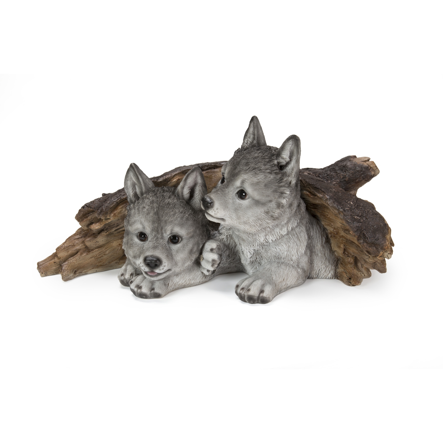 Hi-Line Gift Ltd Grey Wolf Cubs Hiding Under Log Garden Statue