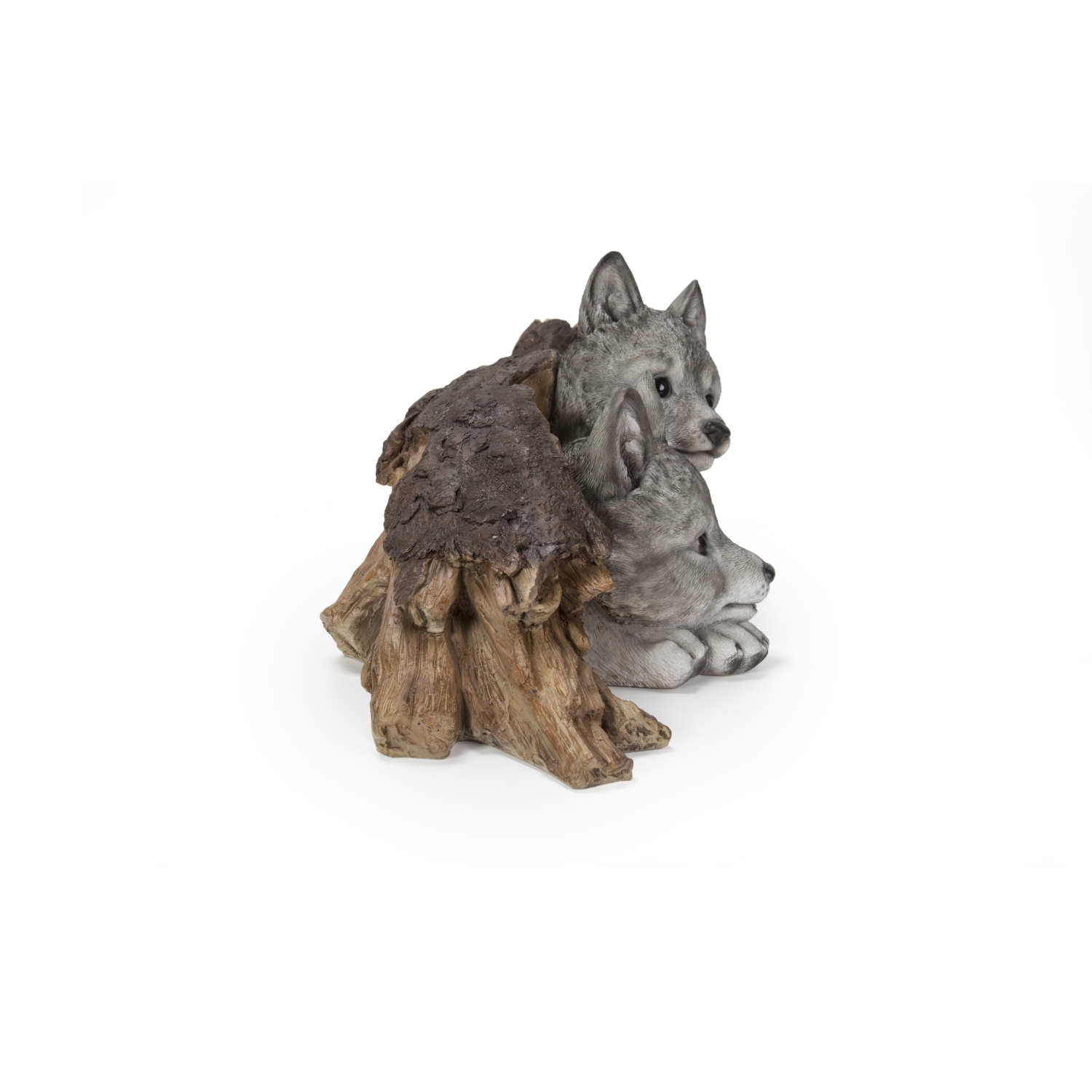 Hi-Line Gift Ltd Grey Wolf Cubs Hiding Under Log Garden Statue