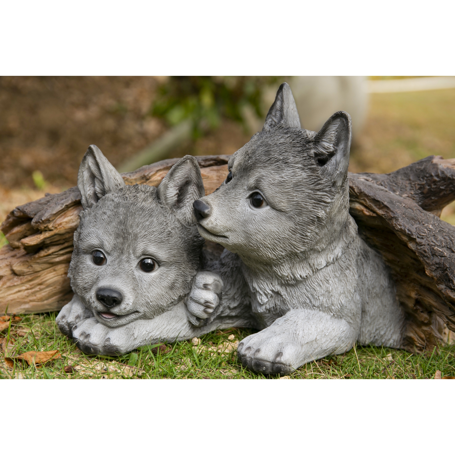 Hi-Line Gift Ltd Grey Wolf Cubs Hiding Under Log Garden Statue