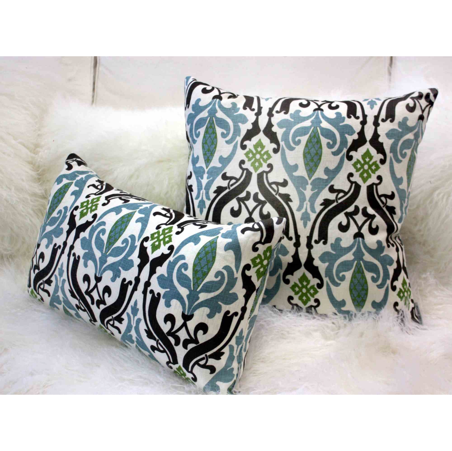 Linen Damask Print Blue Brown Throw Pillow, 16"x16"