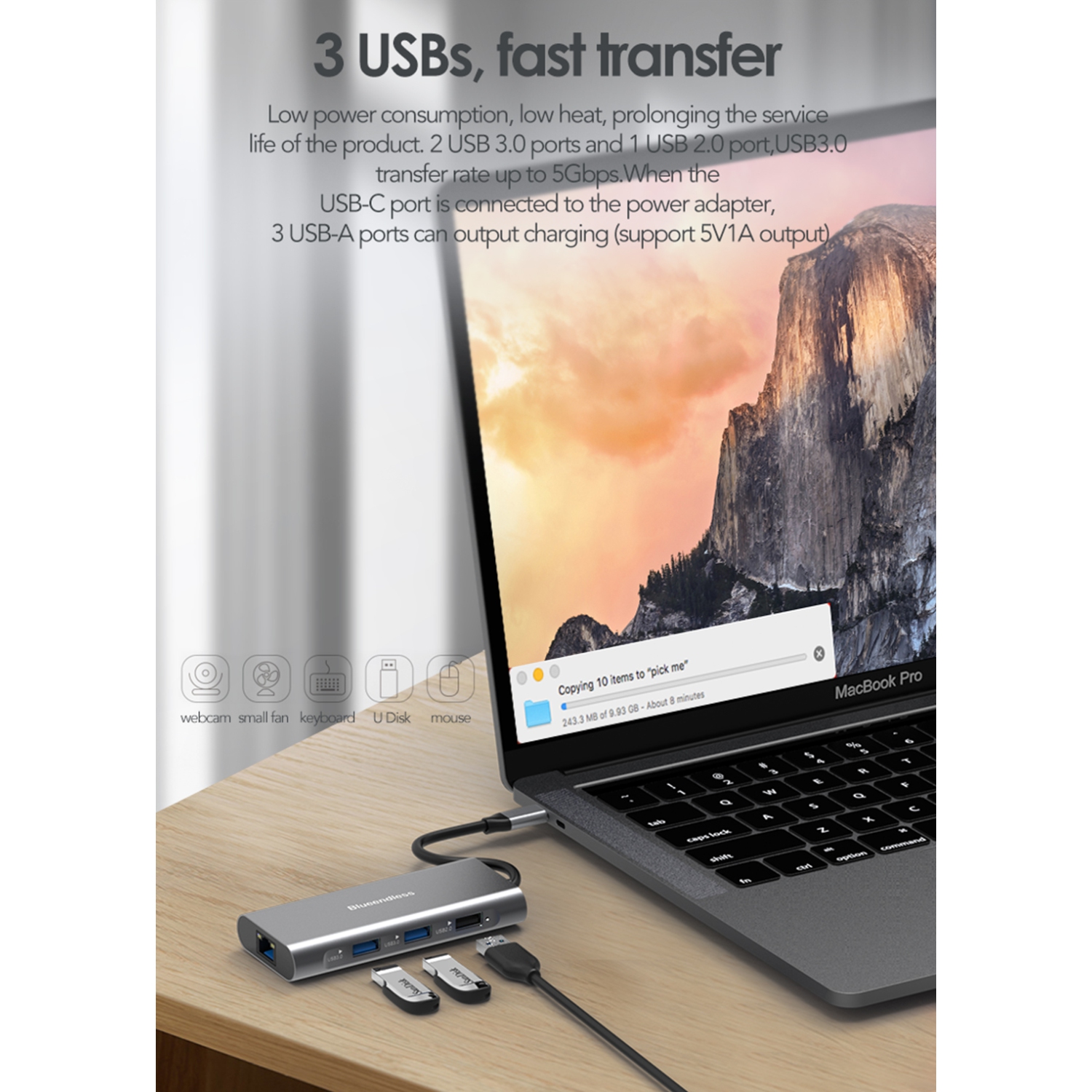 Concentrateur USB-C 8-en-1, clé USB de type C Thunderbolt avec HDMI 4K à 60 Hz, 2 ports USB 3.0, 1 port USB 2.0, 1 port PD, fente pour carte TF/SD,