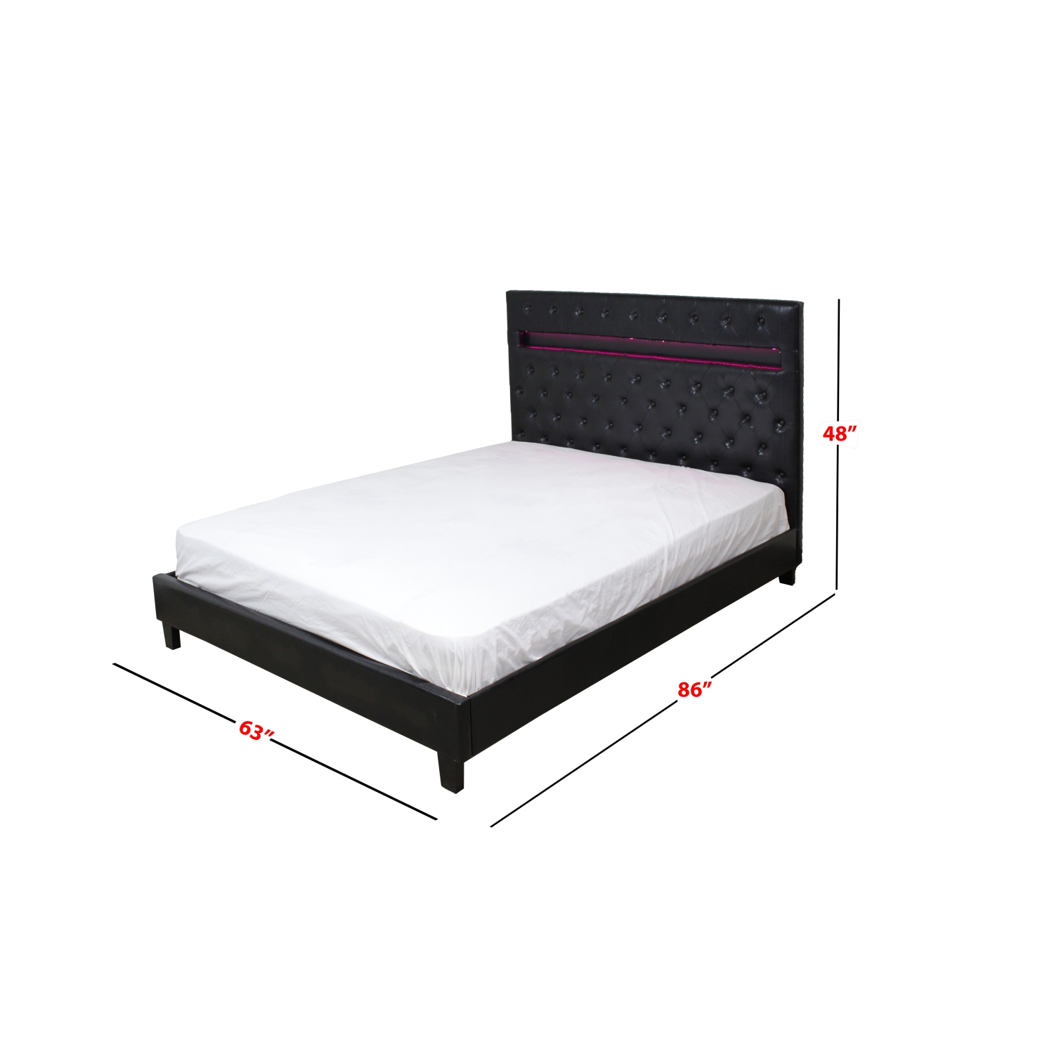 Grand lit plateforme à DEL en similicuir noir capitonné et couleur changeante