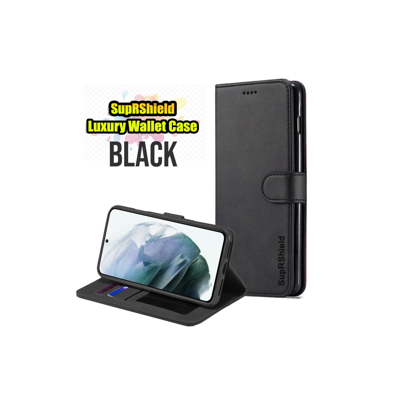 Étui SuprShield en cuir pour Galaxy S21 5G de Samsung, étui protecteur antichoc et magnétique en cuir noir avec porte-carte
