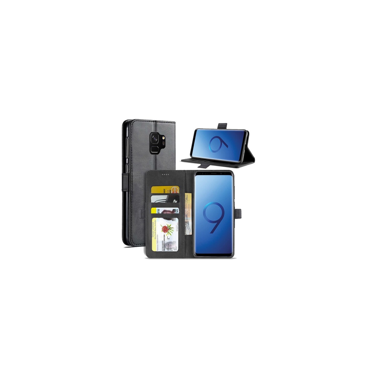 Étui portefeuille en cuir SuprRShield noir pour Galaxy S9 de Samsung avec porte-carte magnétique, protecteur rabattable et antichoc