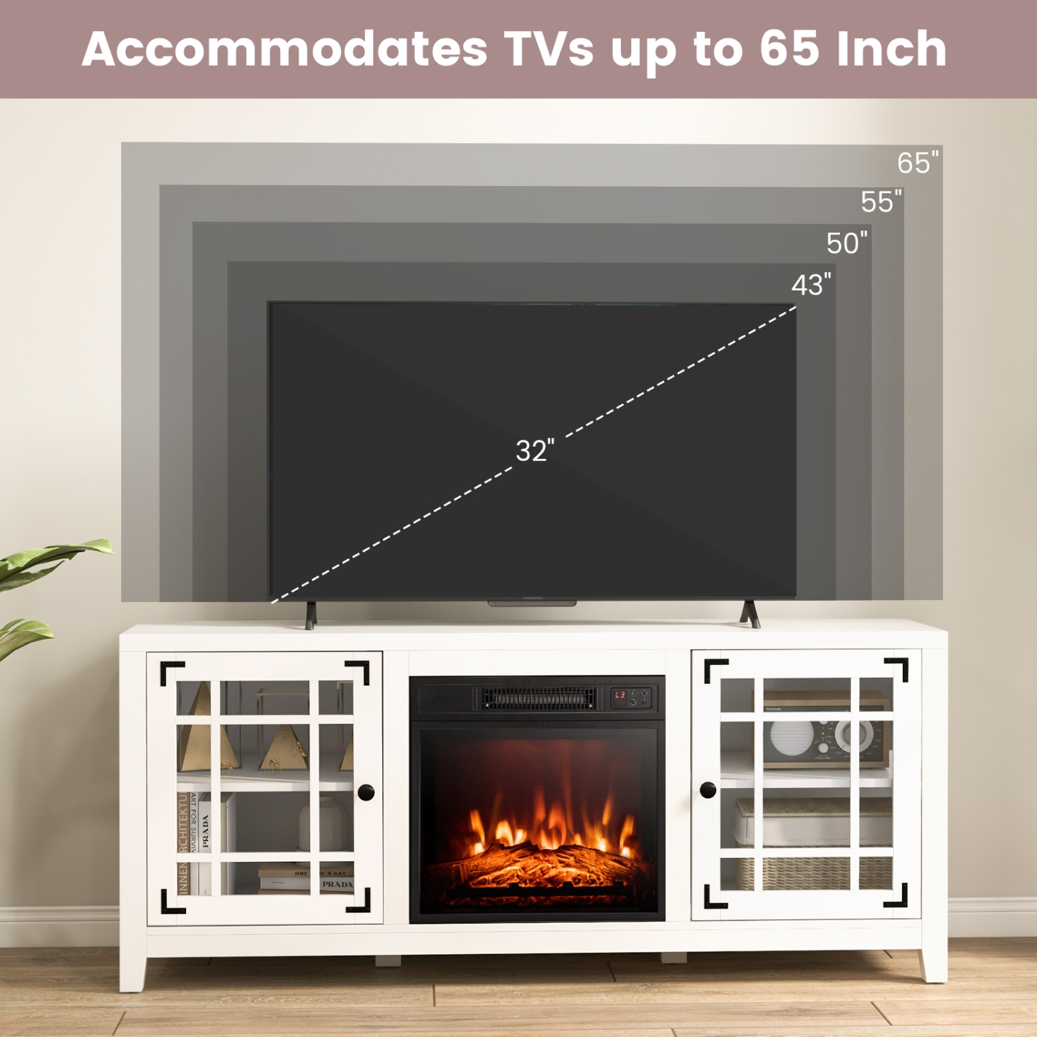 Costway 58 Inches Fireplace TV Stand for TVs up to 65 Inches with 1400W Electric Fireplace Black/Naturl/White