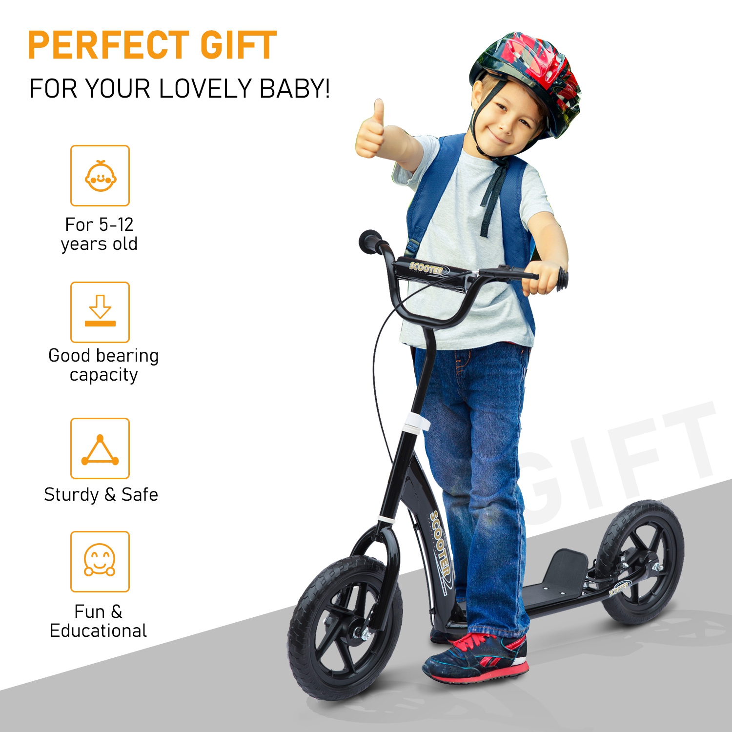 HOMCOM Kids Scooter Street Bike Bicycle for Teens Ride on Toy w/ 12" EVA Tyres for 5-12 Year Old Black
