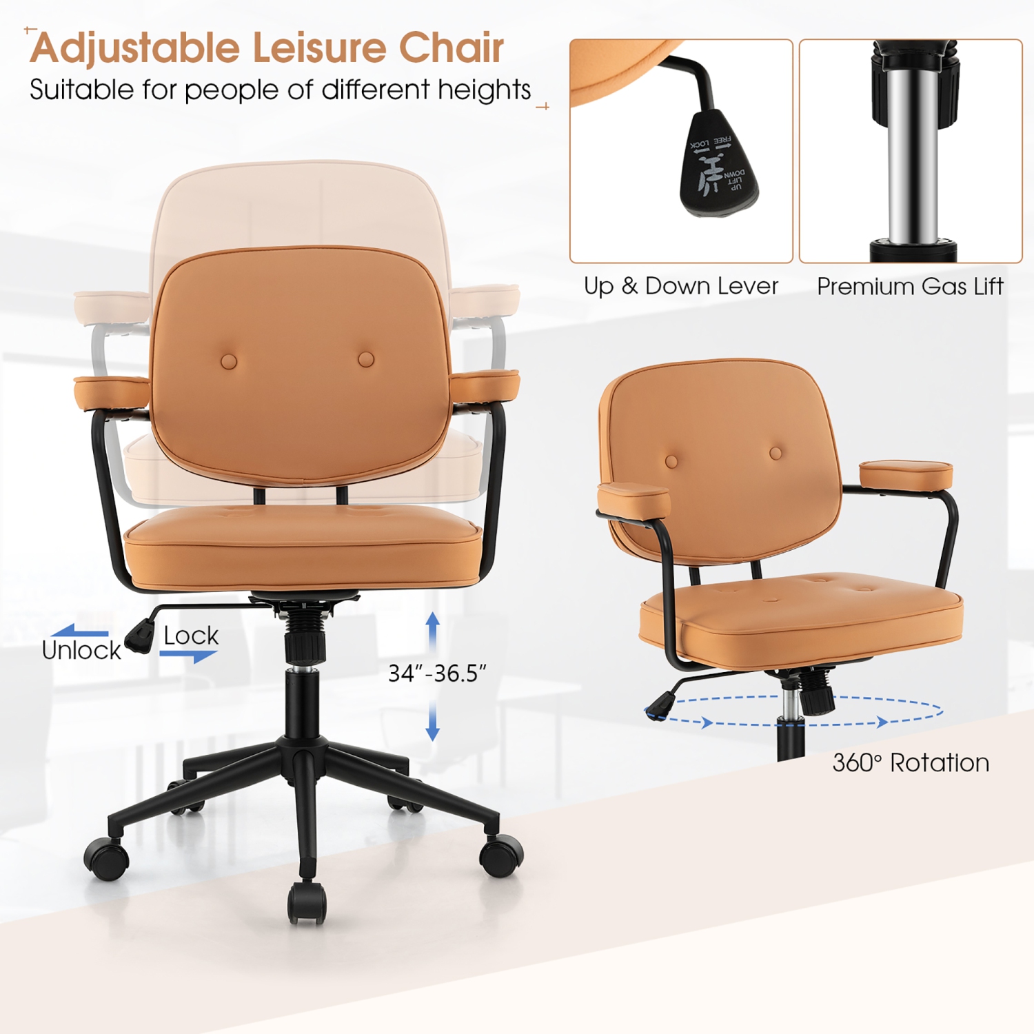 Costway PU Leather Office Chair Adjustable Swivel Leisure Desk Chair w/ Armrest