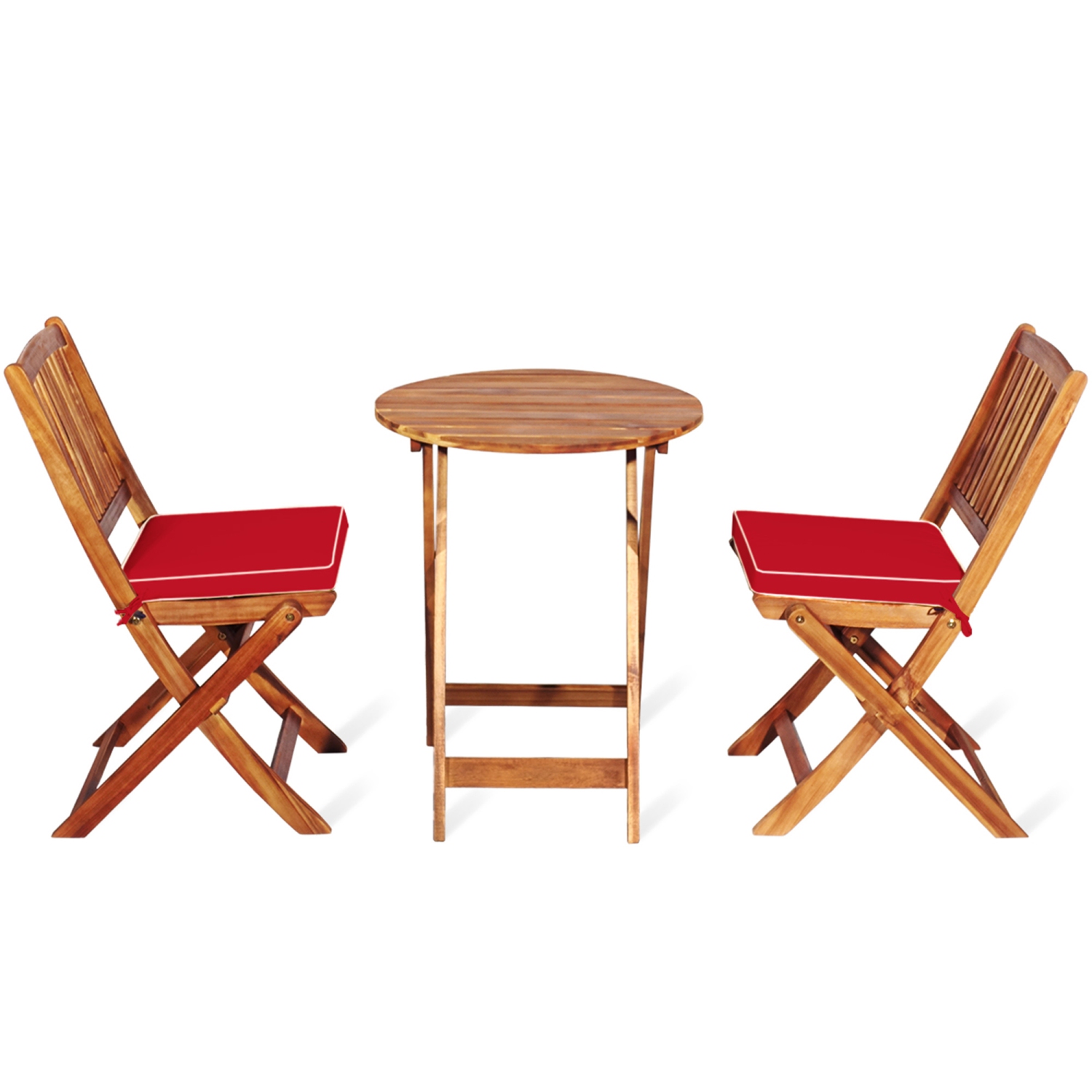 Gymax 3PCS Folding Acacia Wood Bistro Set Patio Conversation Set w/ Red Cushions