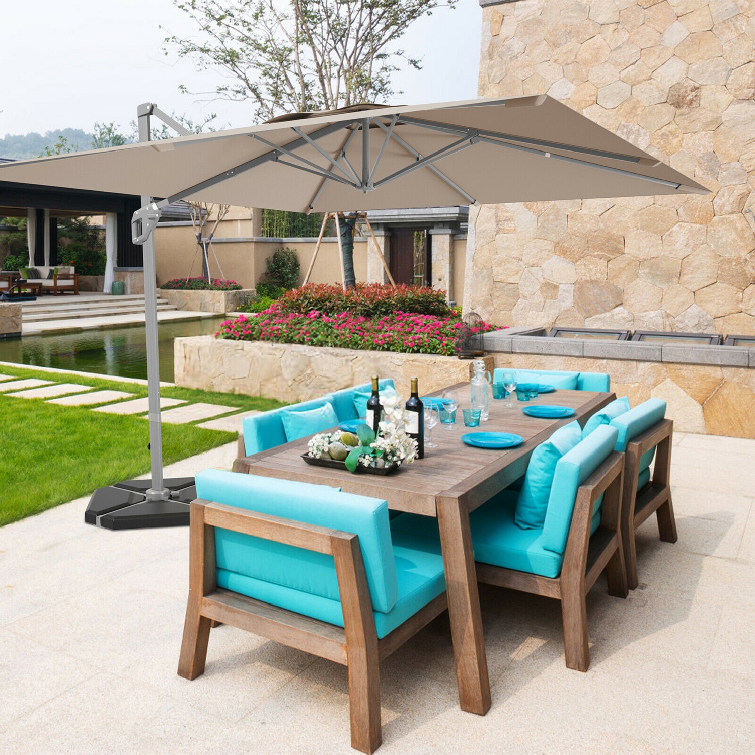 Gymax 10x10 ft Patio Offset Cantilever Umbrella Aluminum 360° Tilt Weight Base