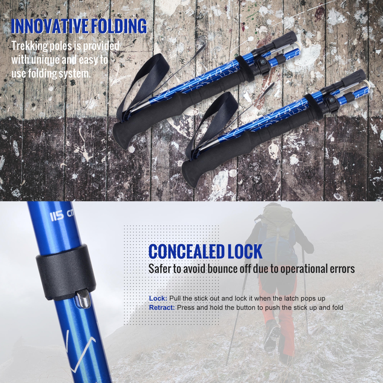 Bâtons de marche pliables PHAT, bâtons de randonnée en aluminium, extensible de 45,3" à 53,1"