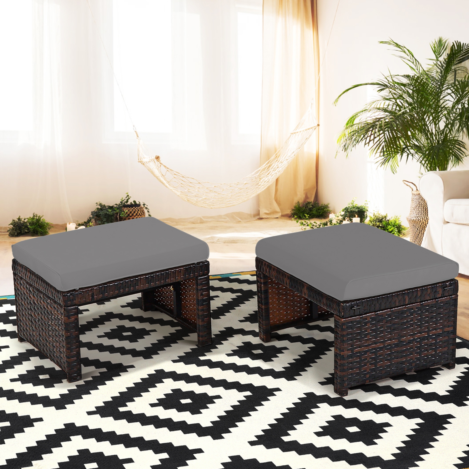 Costway 2PCS Patio Rattan Ottoman Cushioned Seat Foot Rest Furniture