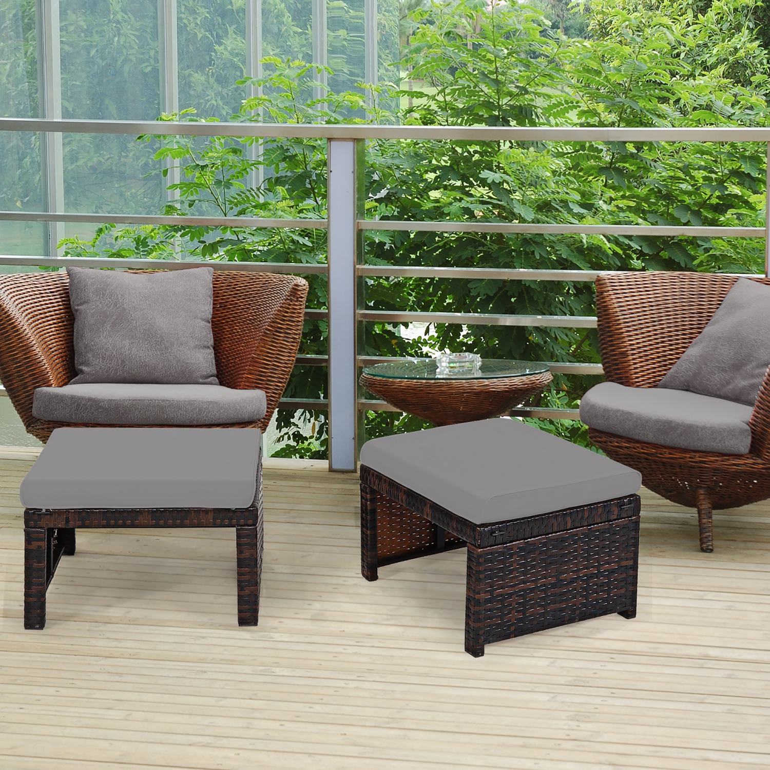 Costway 2PCS Patio Rattan Ottoman Cushioned Seat Foot Rest Furniture