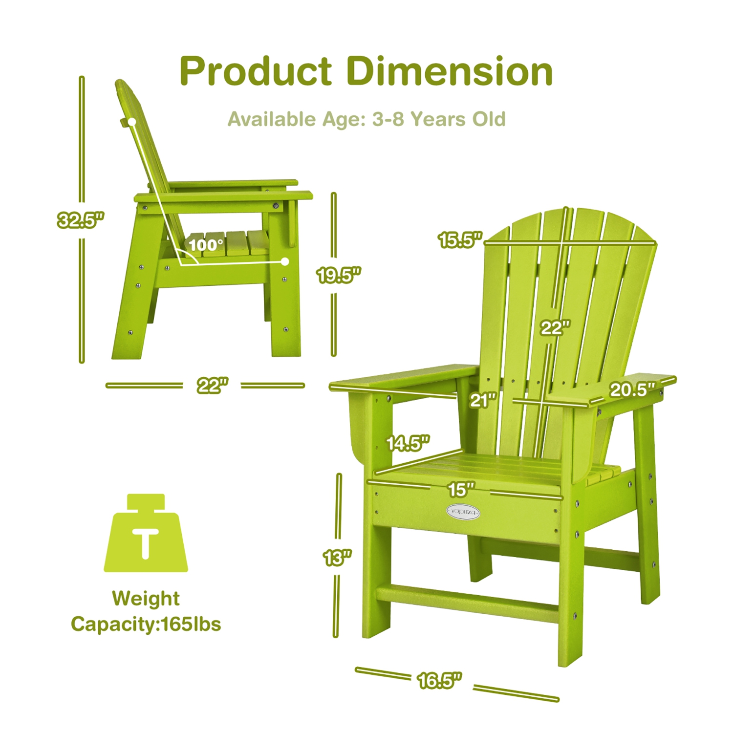 Patio Kids' Adirondack Chair Seat Weather Resistant for Ages 3-8 Yellow\Blue\Green\Grey\Red\Turquoise\White