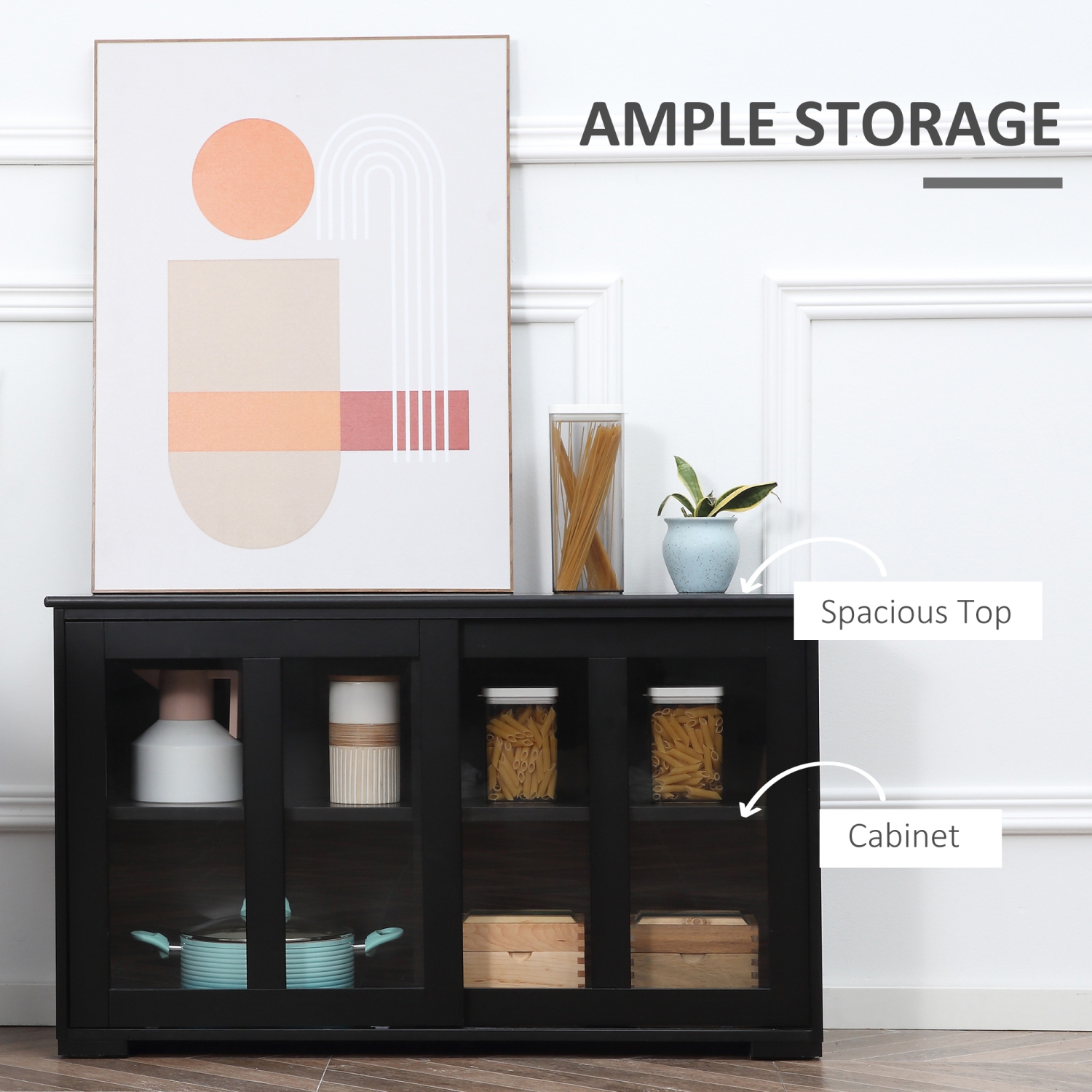 HOMCOM Modern Kitchen Storage Cabinet with 2 Sliding Glass Doors, Sideboard Buffet Cabinet with Adjustable Shelf, Coffee Bar Station, Black