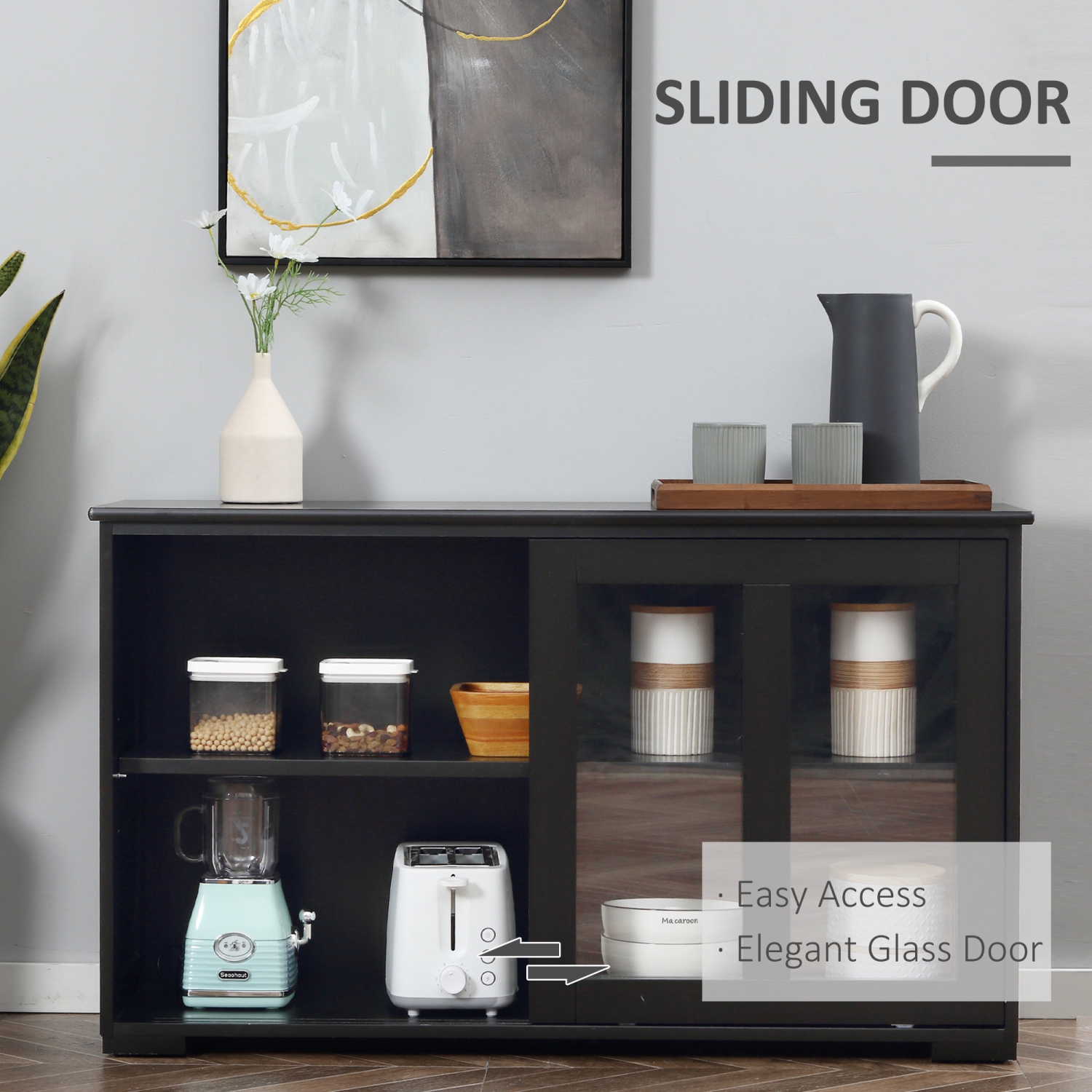 HOMCOM Modern Kitchen Storage Cabinet with 2 Sliding Glass Doors, Sideboard Buffet Cabinet with Adjustable Shelf, Coffee Bar Station, Black