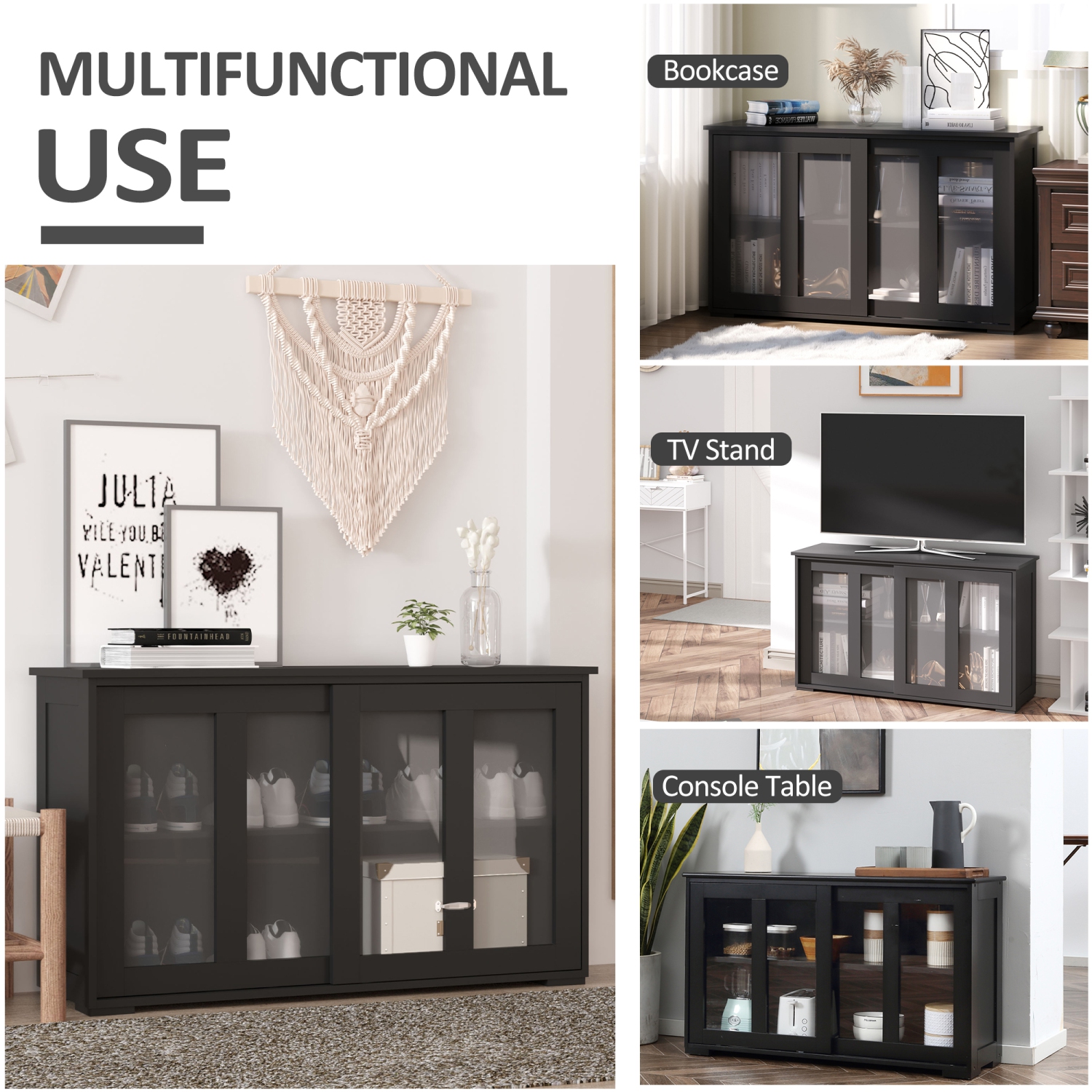 HOMCOM Modern Kitchen Storage Cabinet with 2 Sliding Glass Doors, Sideboard Buffet Cabinet with Adjustable Shelf, Coffee Bar Station, Black