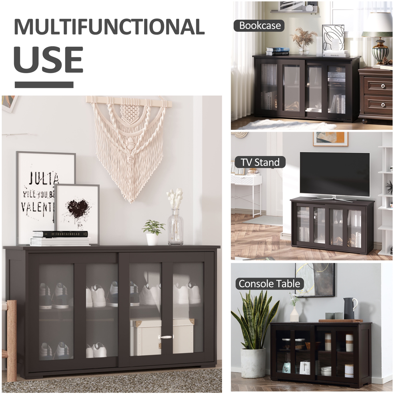 HOMCOM Modern Kitchen Storage Cabinet with 2 Sliding Glass Doors, Sideboard Buffet Cabinet with Adjustable Shelf, Coffee Bar Station, Coffee