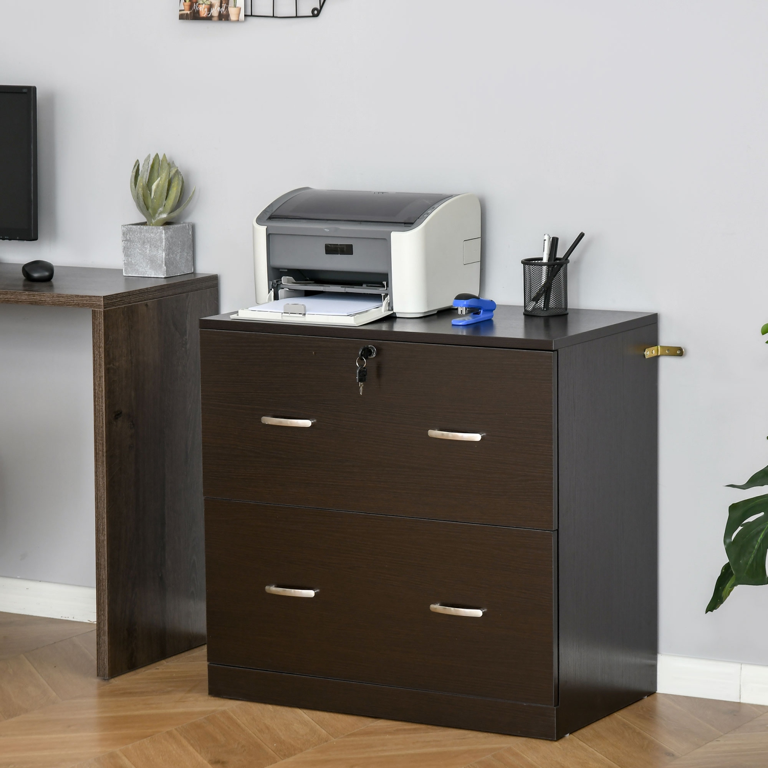 Vinsetto 2-Drawer Lateral Filing Cabinet with Lock, File Cabinet with Hanging Bar for Letter Size, Home Office, Espresso