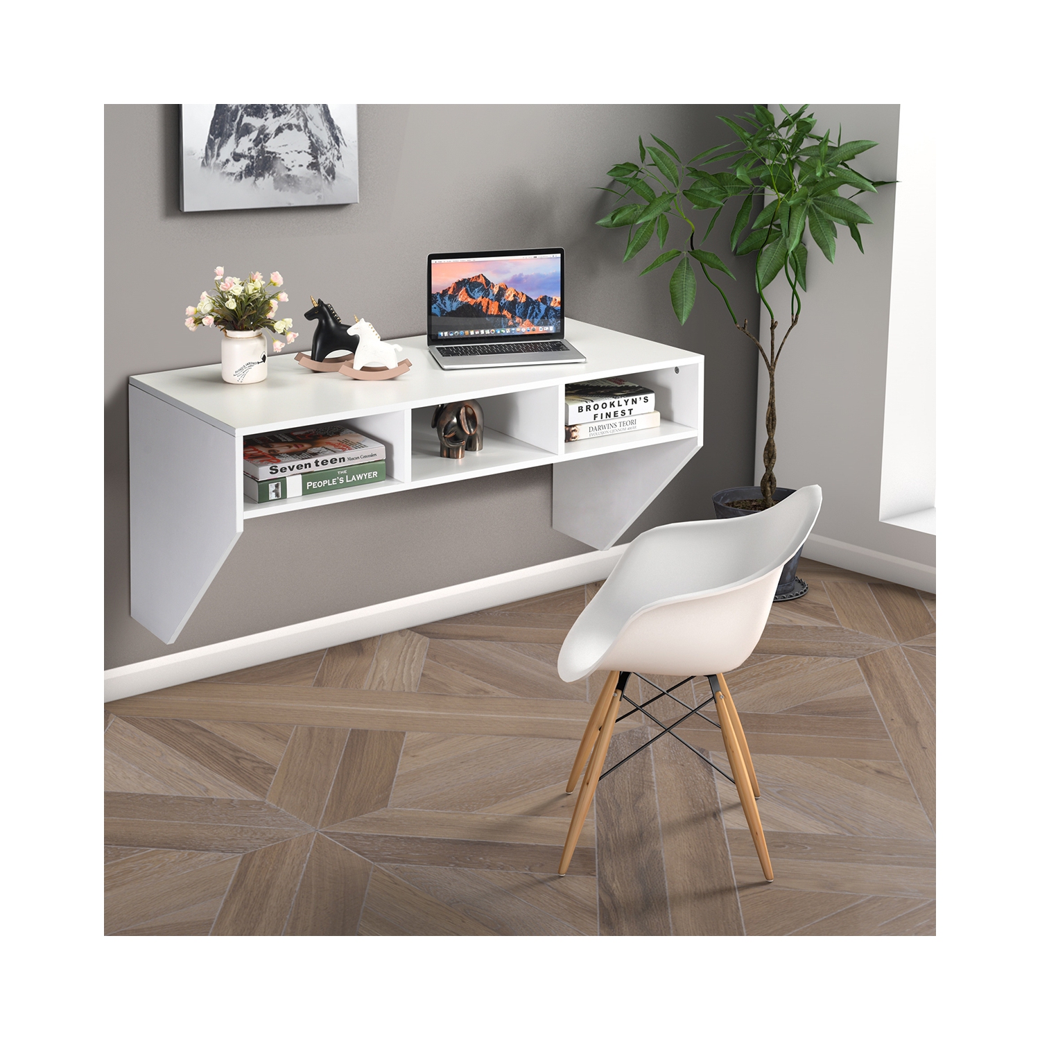 Space-Saving Wall Mounted Computer Desk – Floating Table with Storage Shelf