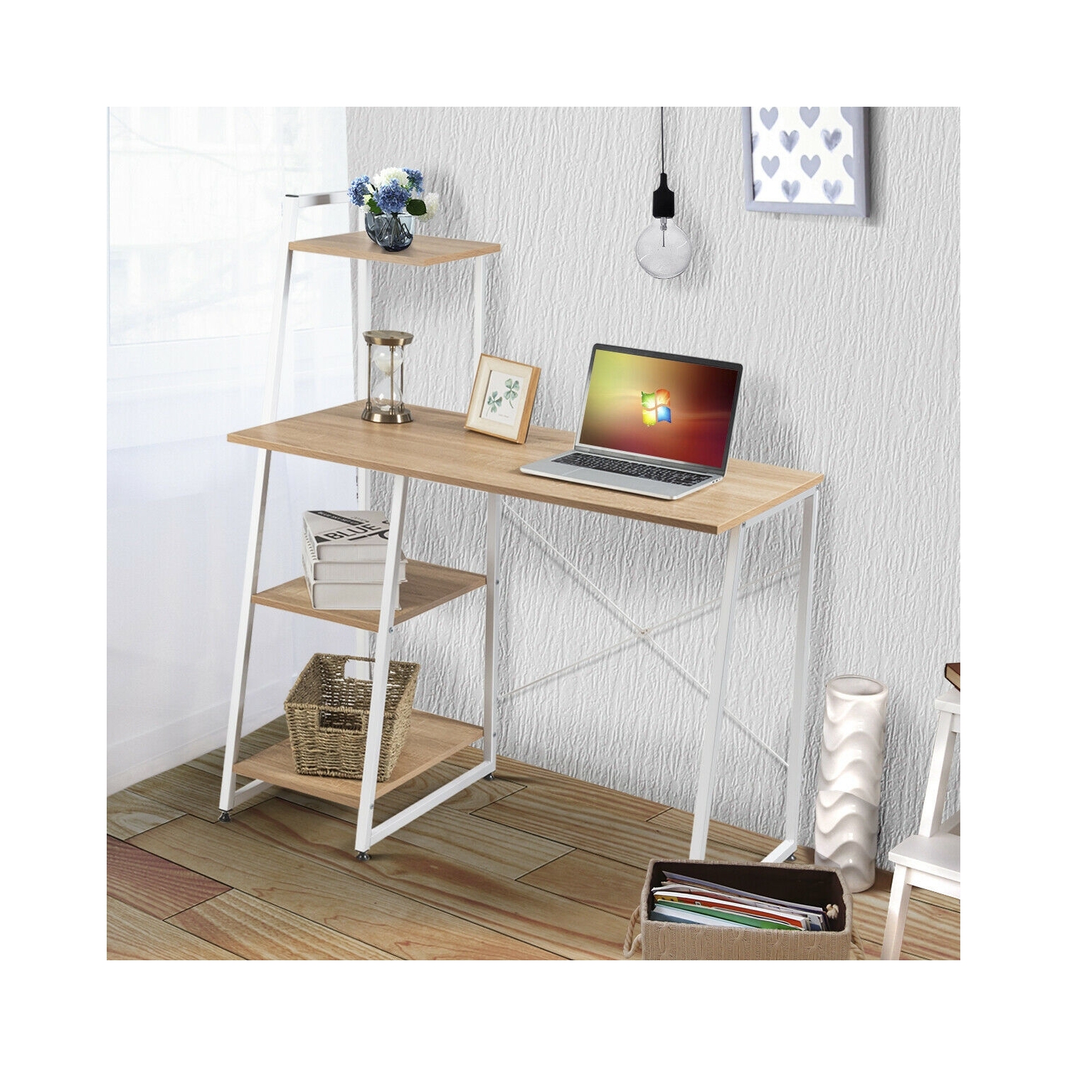 Compact Home Office Desk with 4 Storage Shelves for Workstation