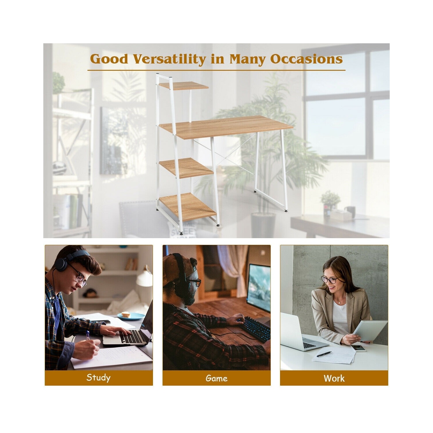 Compact Home Office Desk with 4 Storage Shelves for Workstation