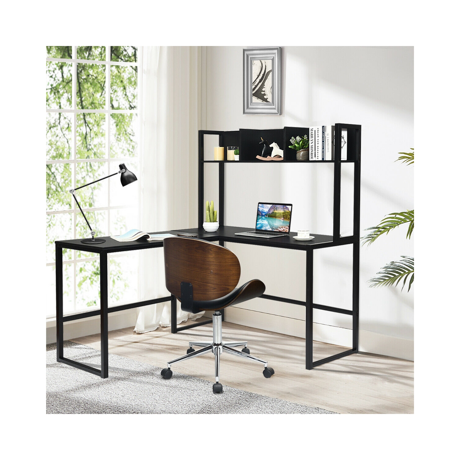 Industrial L-Shaped Desk with Bookshelf and Corner Computer Gaming Table