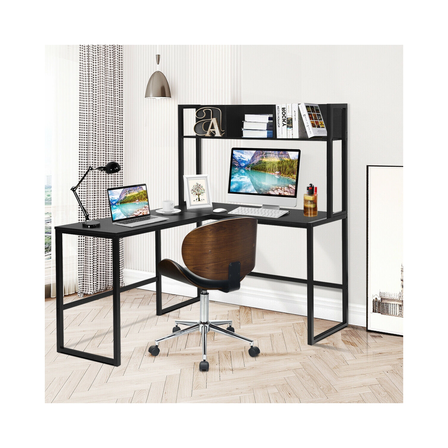 Industrial L-Shaped Desk with Bookshelf and Corner Computer Gaming Table