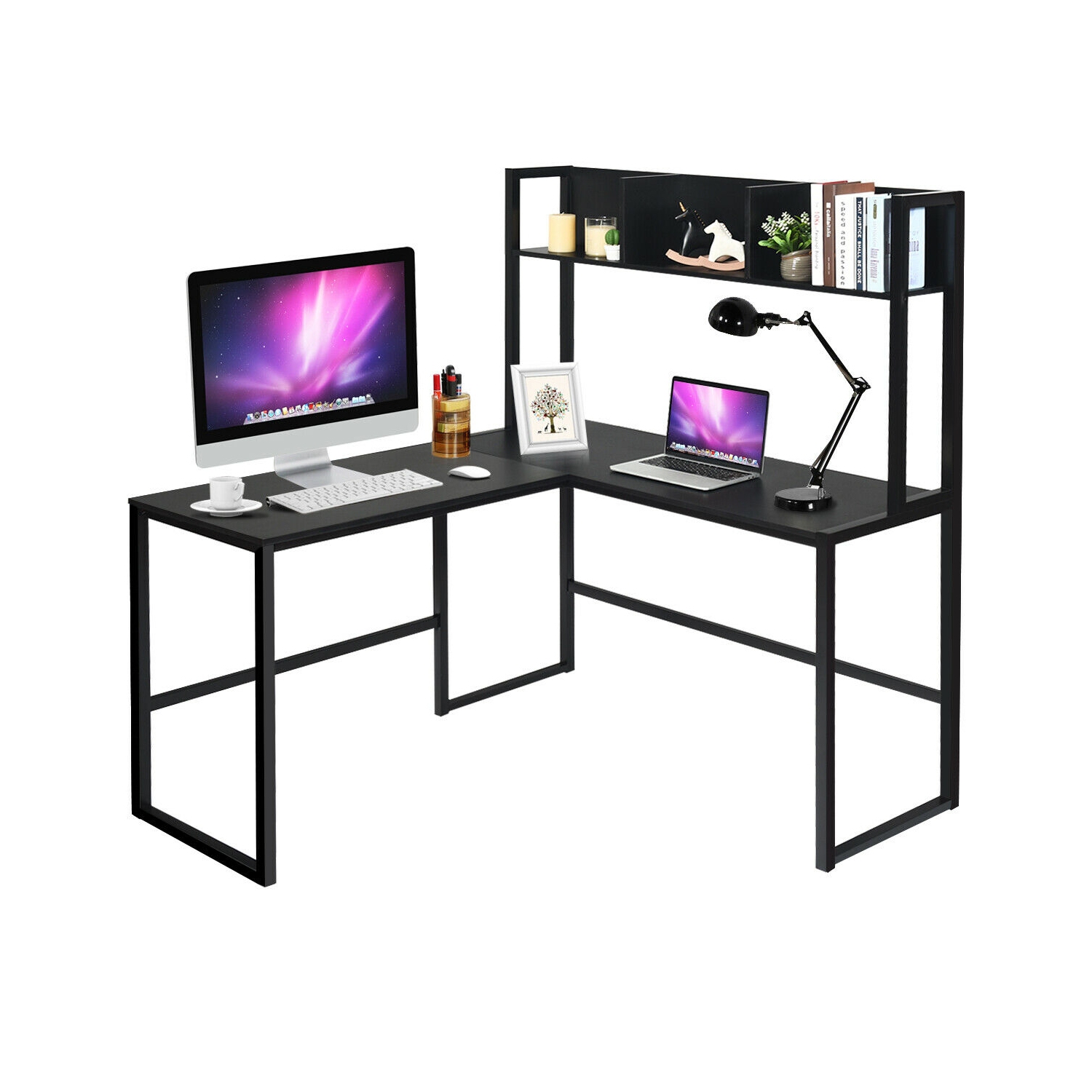 Industrial L-Shaped Desk with Bookshelf and Corner Computer Gaming Table