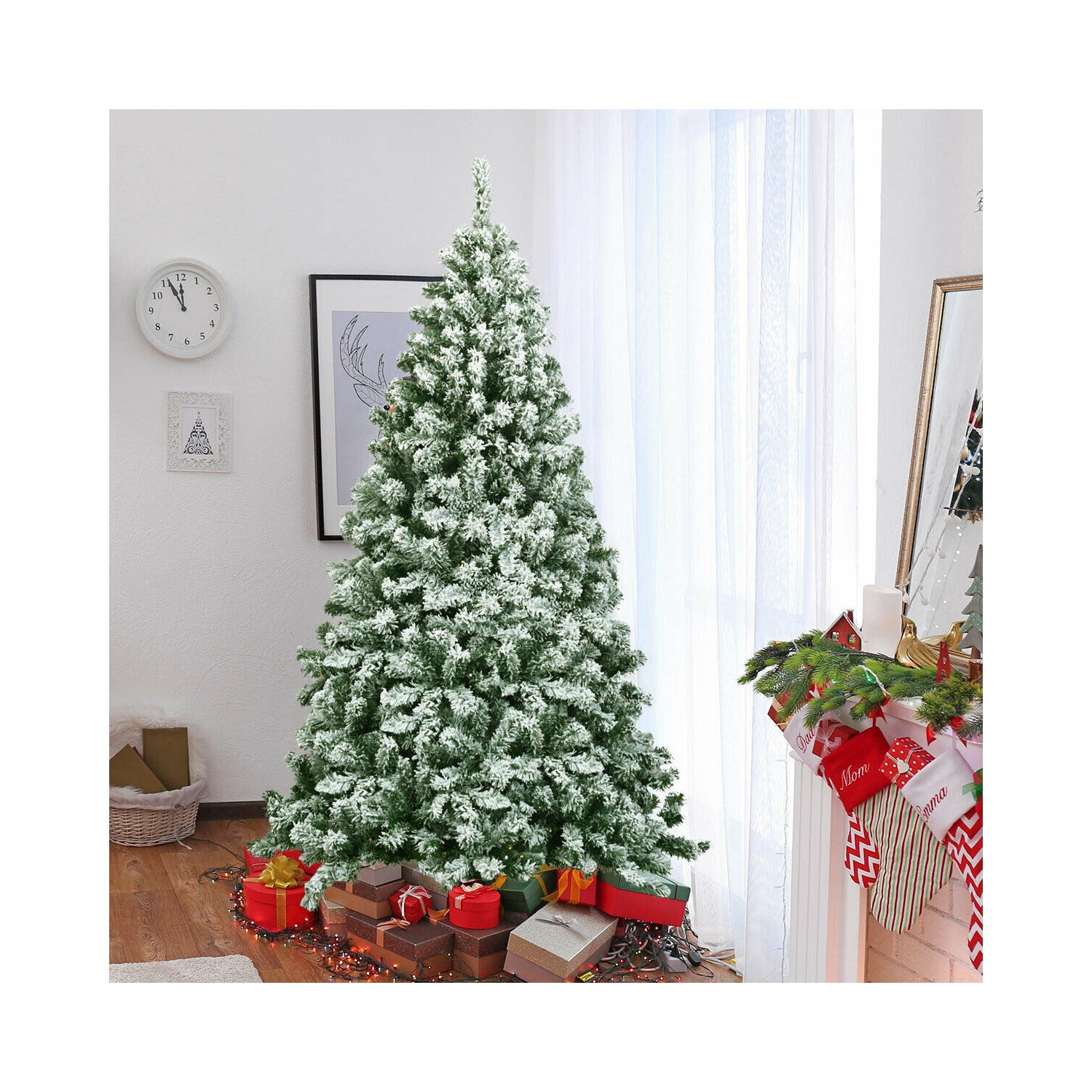 Snow Flocked Hinged Christmas Tree with 928 Tips, Full Artificial Tree for Indoors